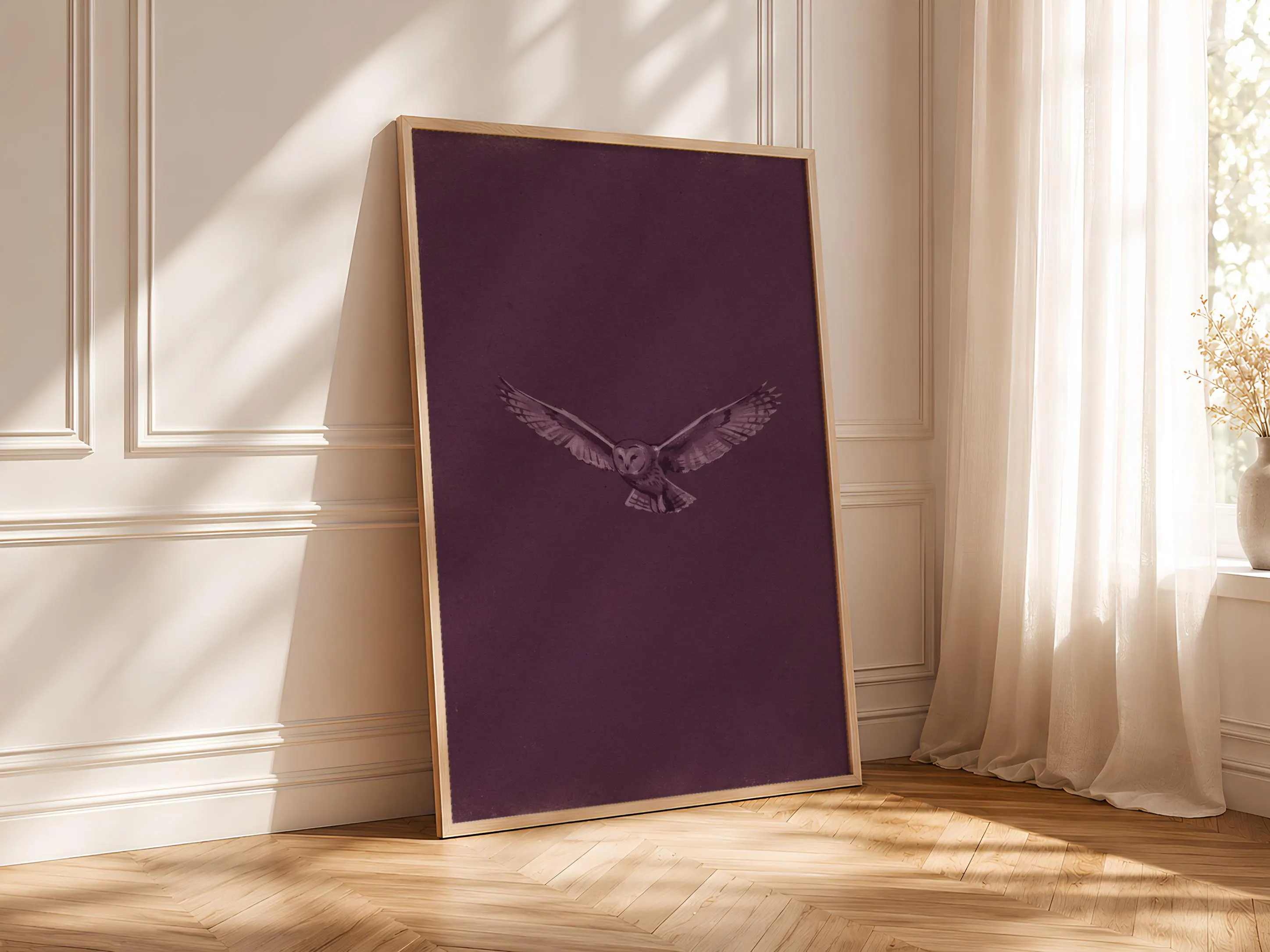 Owl in Flight Wall Art, Plum Minimalist Night Painting, Vintage Woodland Print, Housewarming Gift – Calm Wall Art by Artsify thumbnail 4