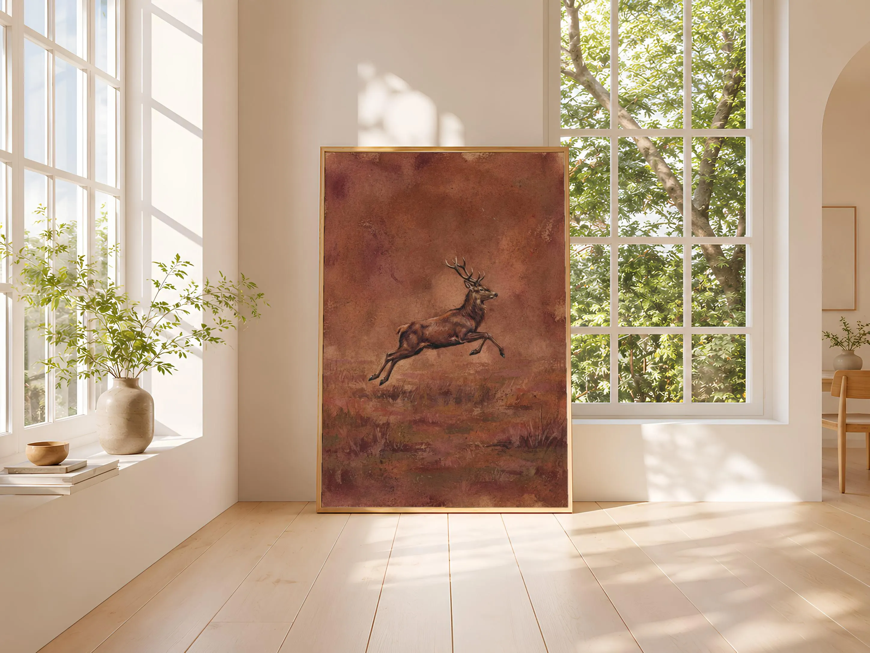 Leaping Stag Wall Art, Rust Minimalist Deer Painting, Vintage Woodland Print, Housewarming Gift – Calm Wall Art by Artsify thumbnail 3