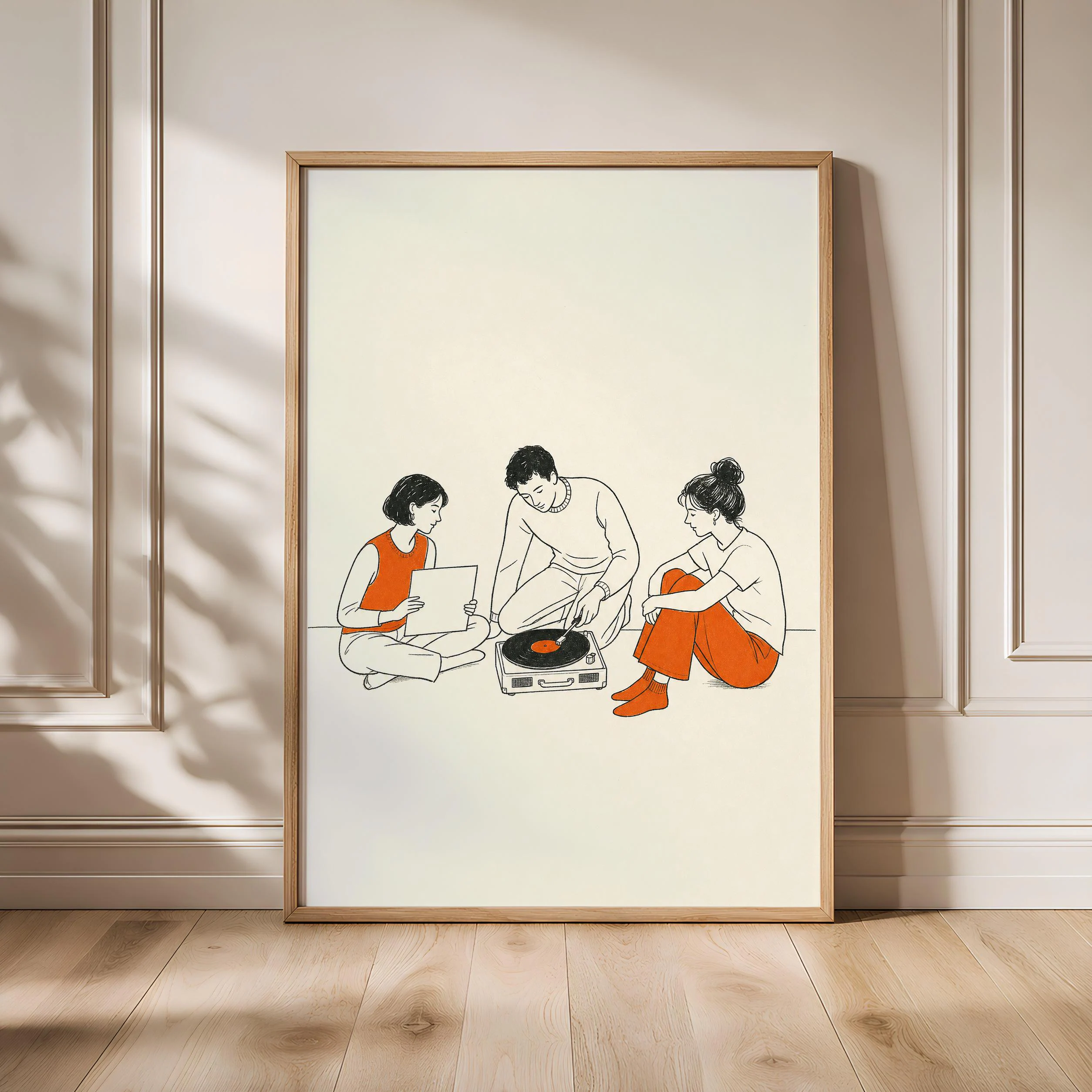 Retro Friends Vinyl Print, Mid Century Record Player Wall Art, Orange Music Poster, Minimalist Line Art Decor, Housewarming Gift – Calm Wall Art by Artsify