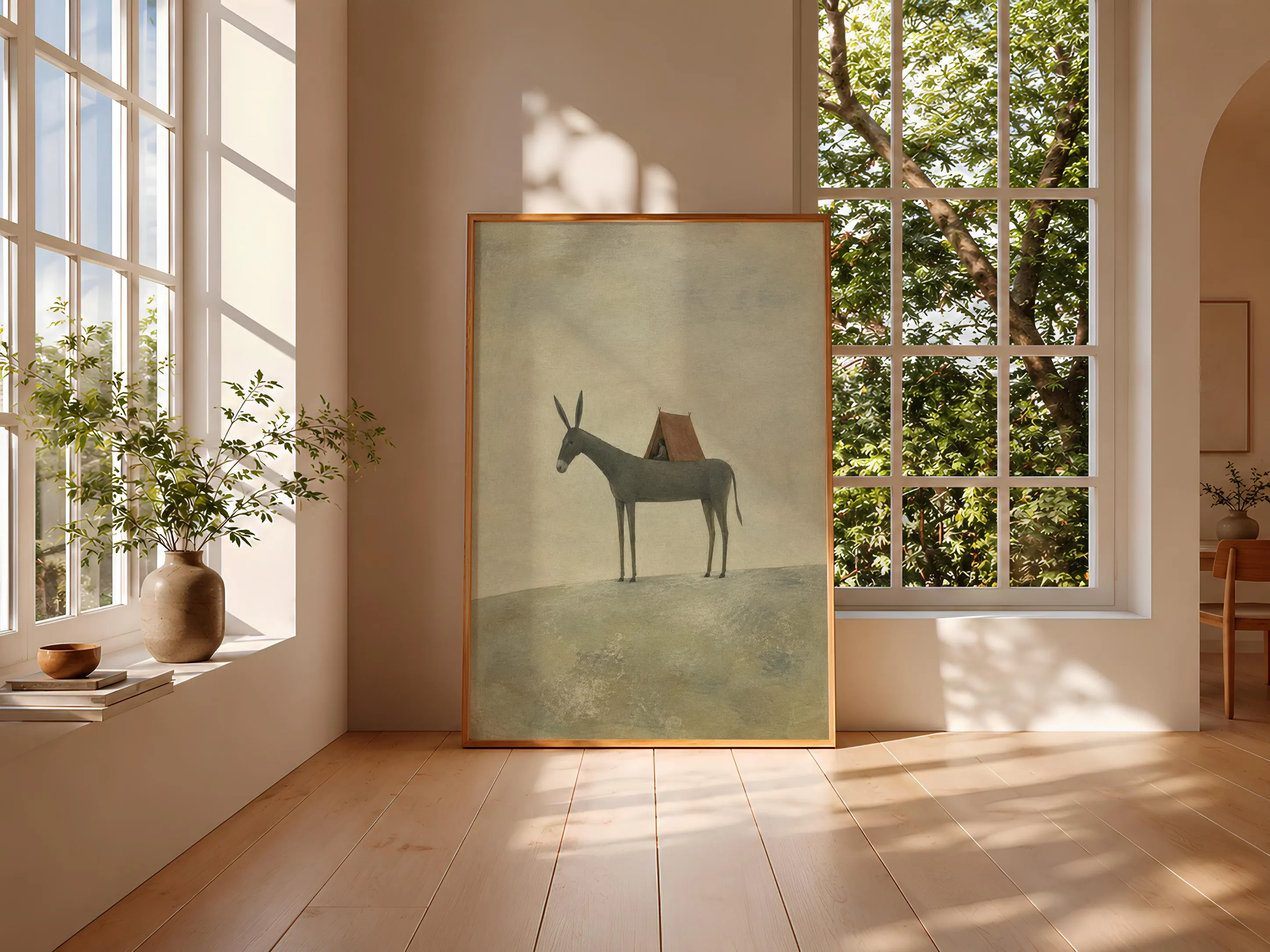 Donkey Camping Wall Art, Surreal Folk Animal Print with Tiny Tent – Calm Wall Art by Artsify thumbnail 3