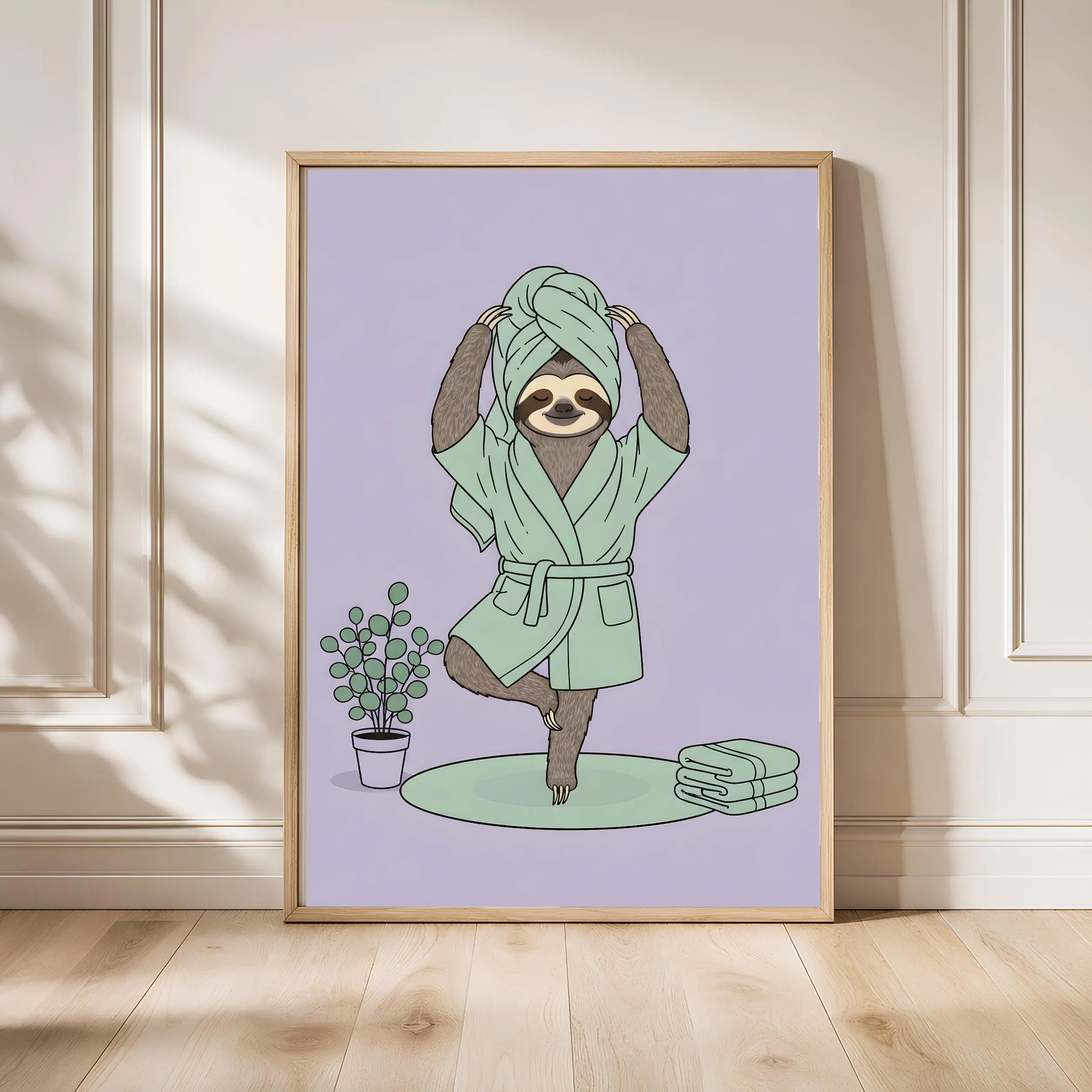 Yoga Sloth Art Print, Funny Animal Poster, Retro Spa Wall Art, Quirky Zen Decor, Relaxation Gift, Housewarming Gift – Calm Wall Art by Artsify