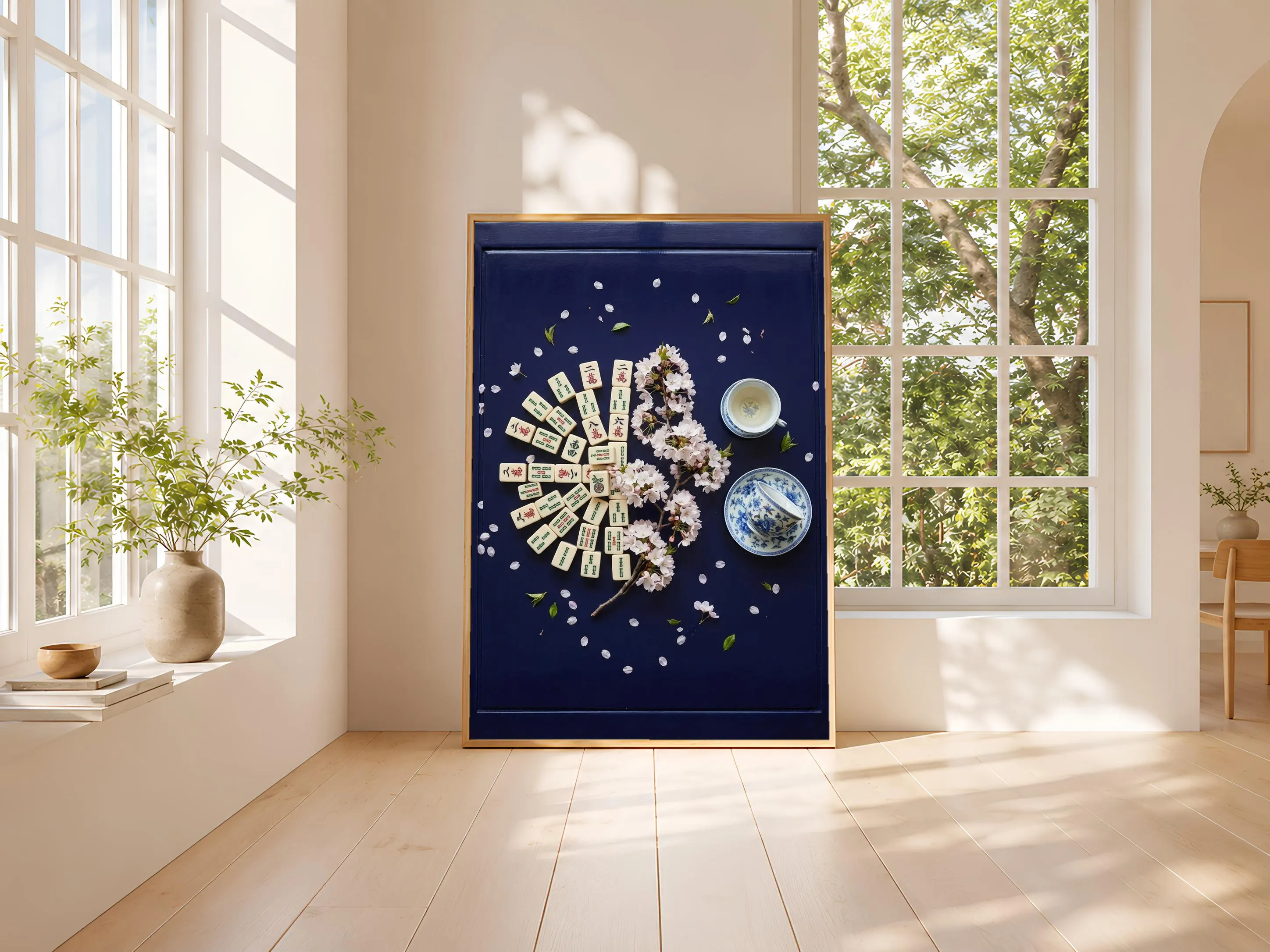 Mahjong Cherry Blossom Print, Chinoiserie Game Room Poster, Indigo Wall Art, Housewarming Gift – Calm Wall Art by Artsify thumbnail 3