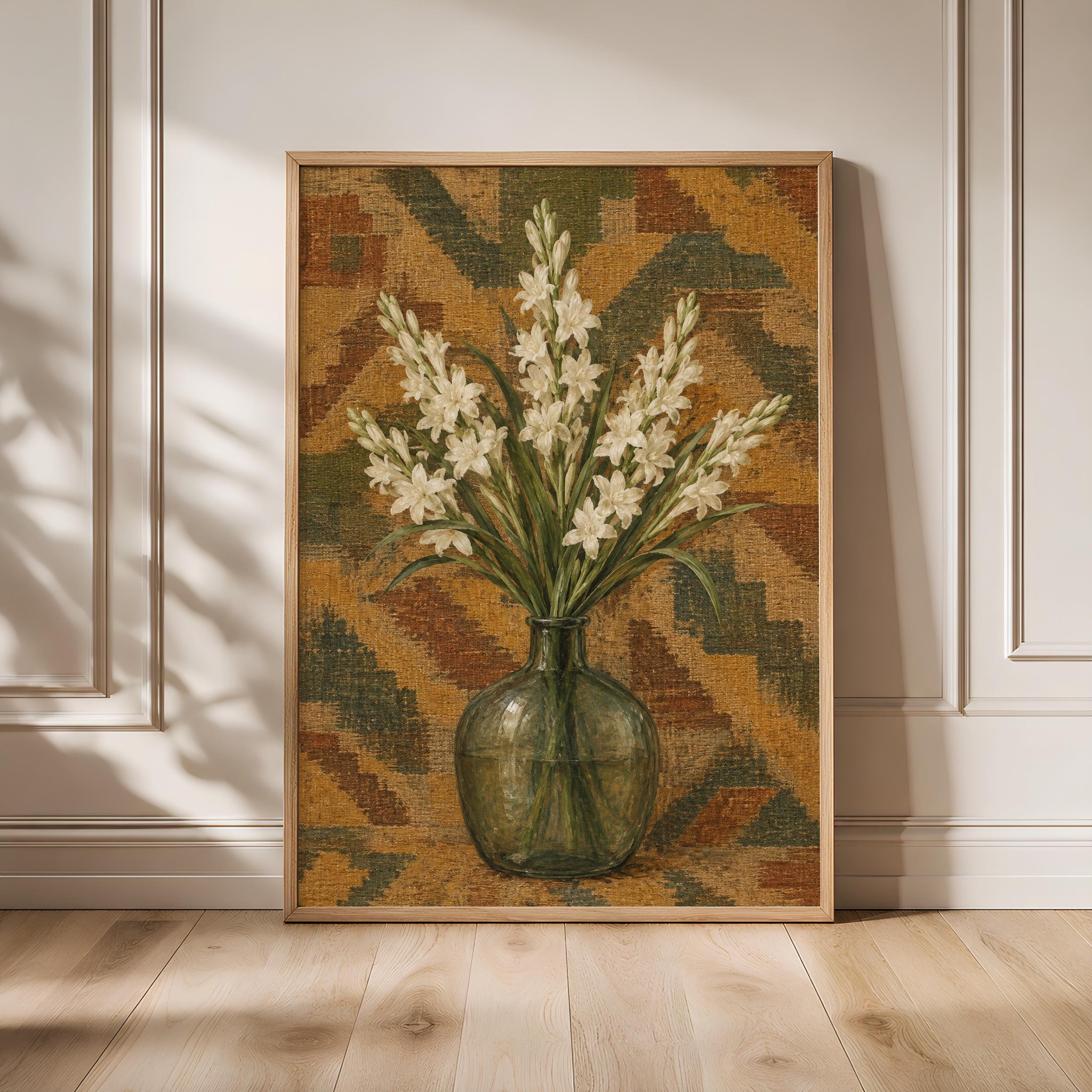 White Tuberose Wall Art, Antique Kilim Botanical Painting – Calm Wall Art by Artsify