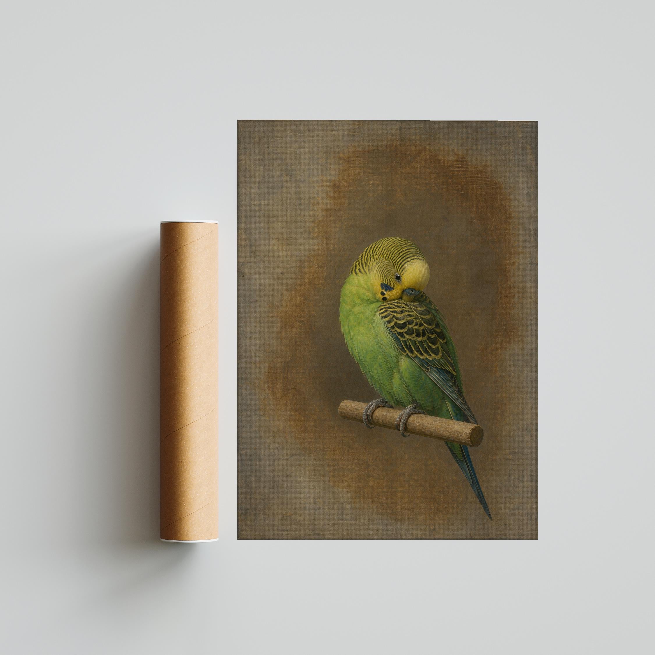Green Budgerigar Wall Art, Minimal Bird Oil Painting Print – Calm Wall Art by Artsify thumbnail 5