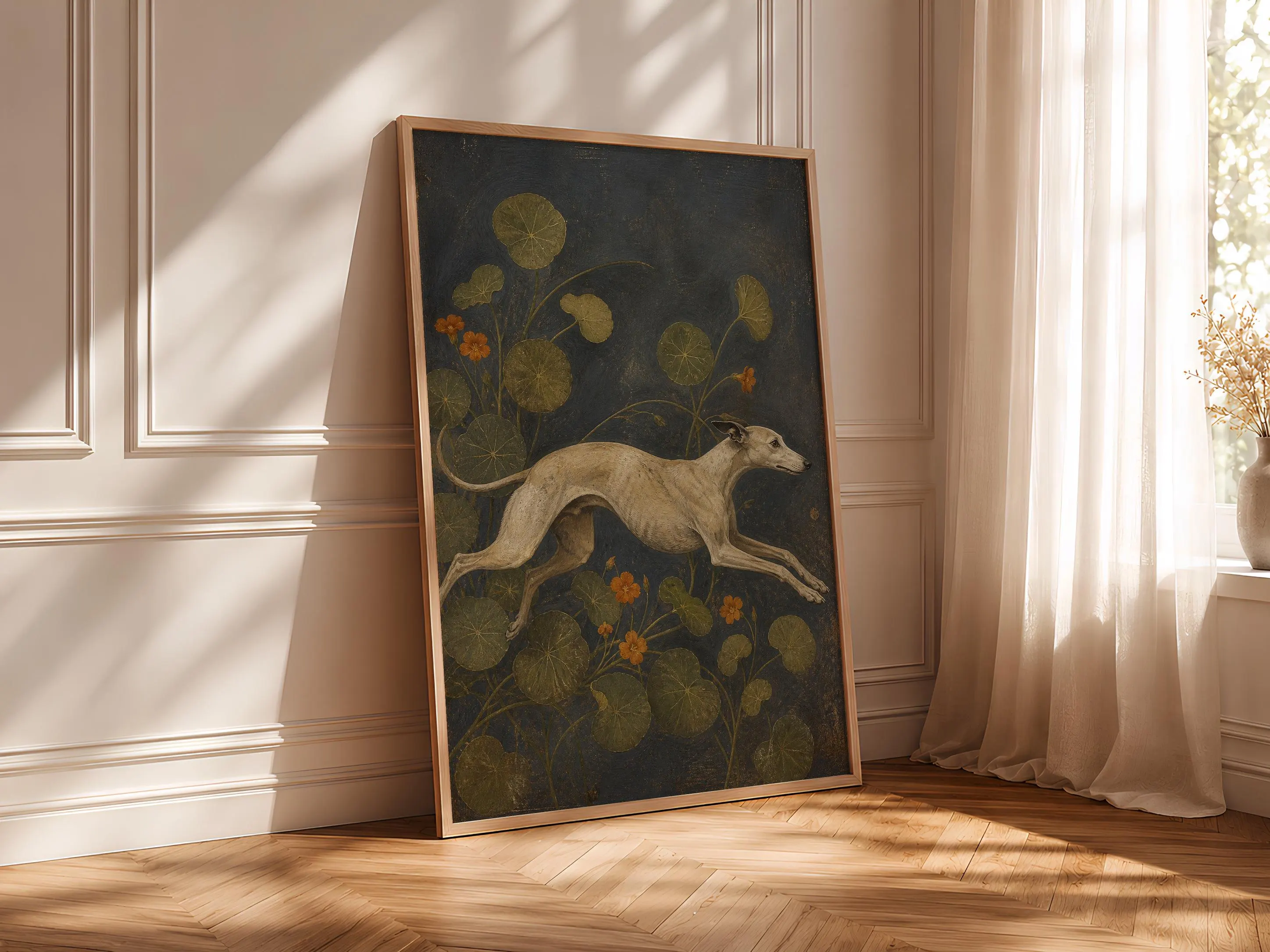 Whippet Wall Art, Arts and Crafts Dog Painting, Vintage Nasturtium Animal Print – Calm Wall Art by Artsify thumbnail 4