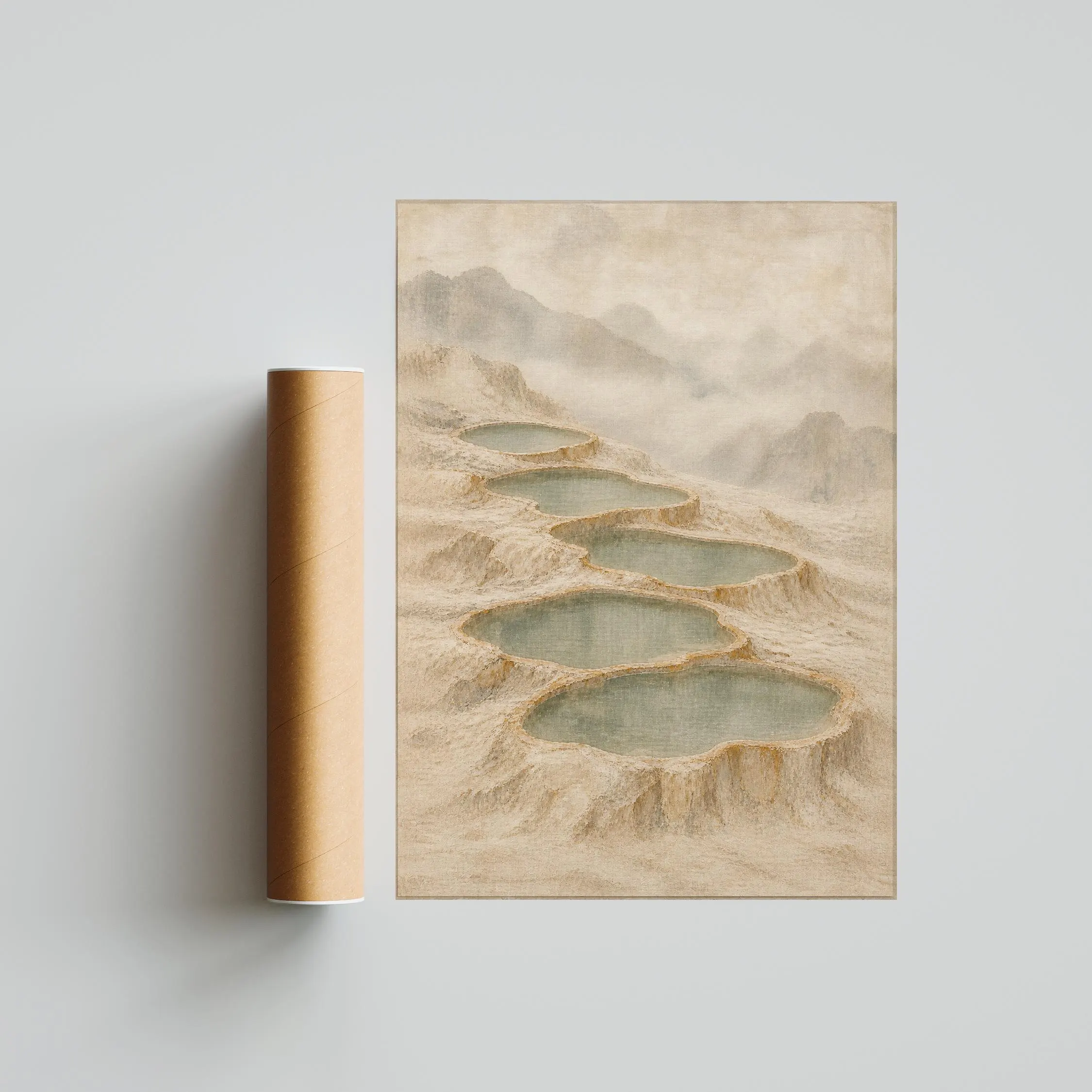 Misty Mineral Terraces Wall Art, Neutral Japandi Landscape Painting – Calm Wall Art by Artsify thumbnail 5