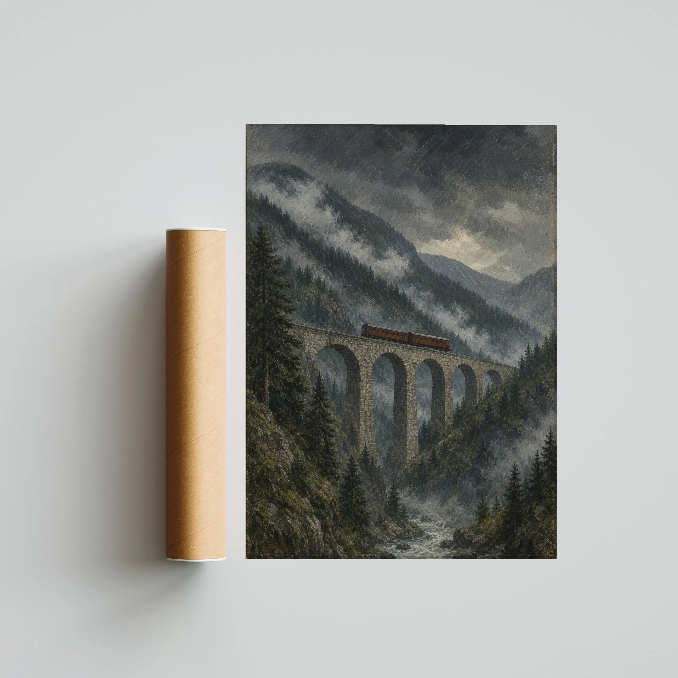 Mountain Viaduct Train Print, Vintage Railway Wall Art, Alpine Bridge Poster, Moody Landscape Decor, Housewarming Gift – Calm Wall Art by Artsify thumbnail 5
