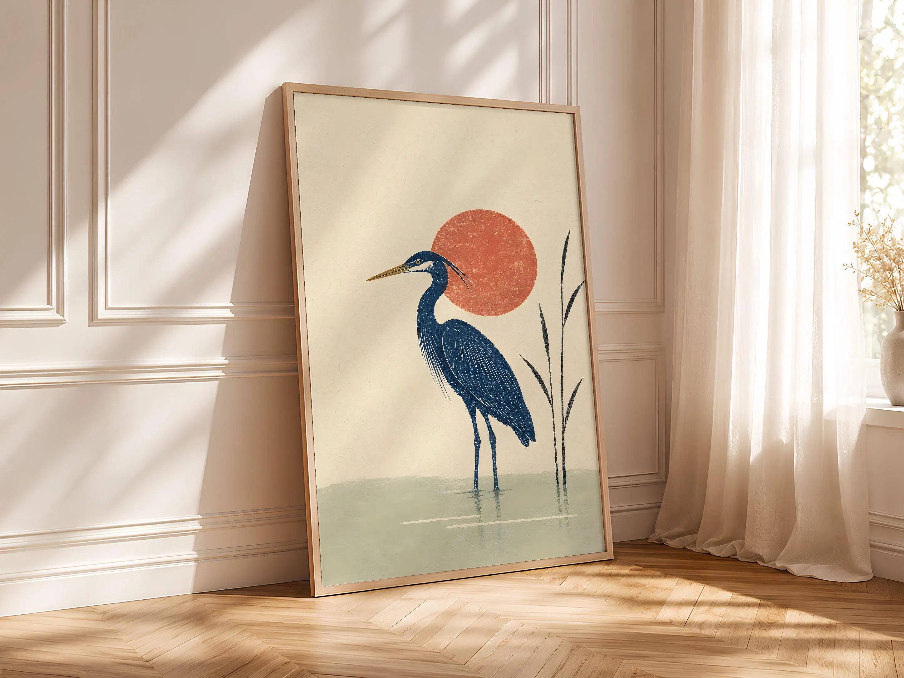 Heron Woodblock Print, Minimalist Bird Wall Art, Japanese Style Poster, Indigo Nature Decor, Housewarming Gift – Calm Wall Art by Artsify thumbnail 4