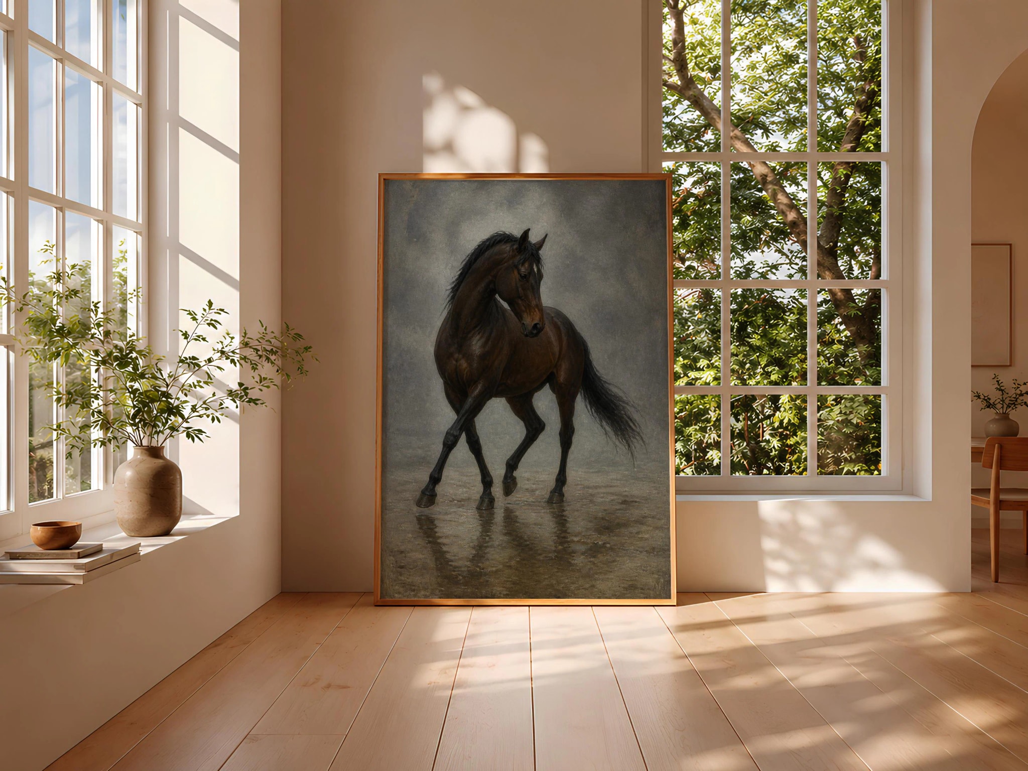 Bay Horse Wall Art, Moody Equestrian Painting, Misty Rain Rustic Decor Print – Calm Wall Art by Artsify thumbnail 3
