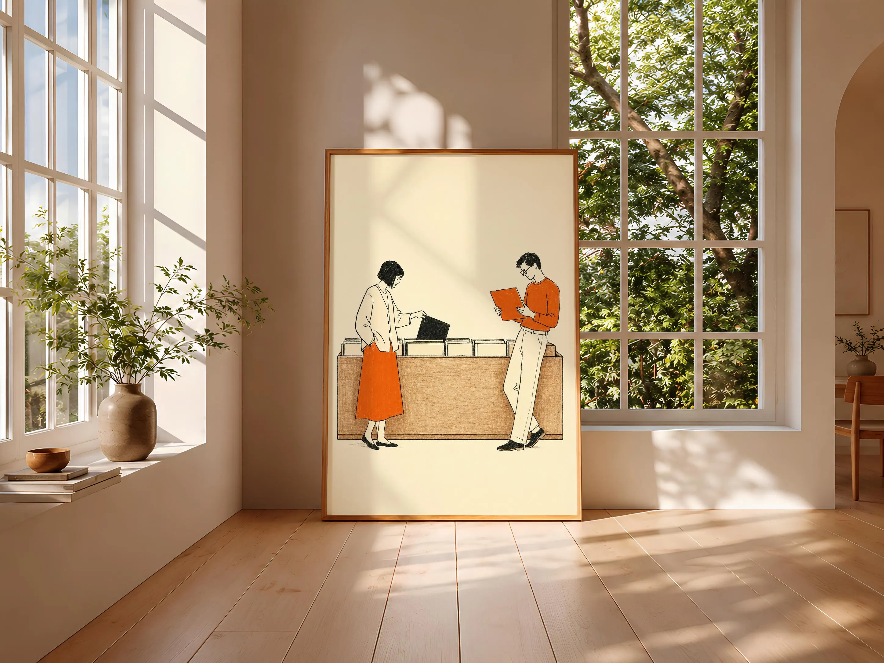 Vintage Record Shop Print, Retro Vinyl Browsing Wall Art, Orange Music Poster, Minimalist Line Art Decor, Housewarming Gift – Calm Wall Art by Artsify thumbnail 3