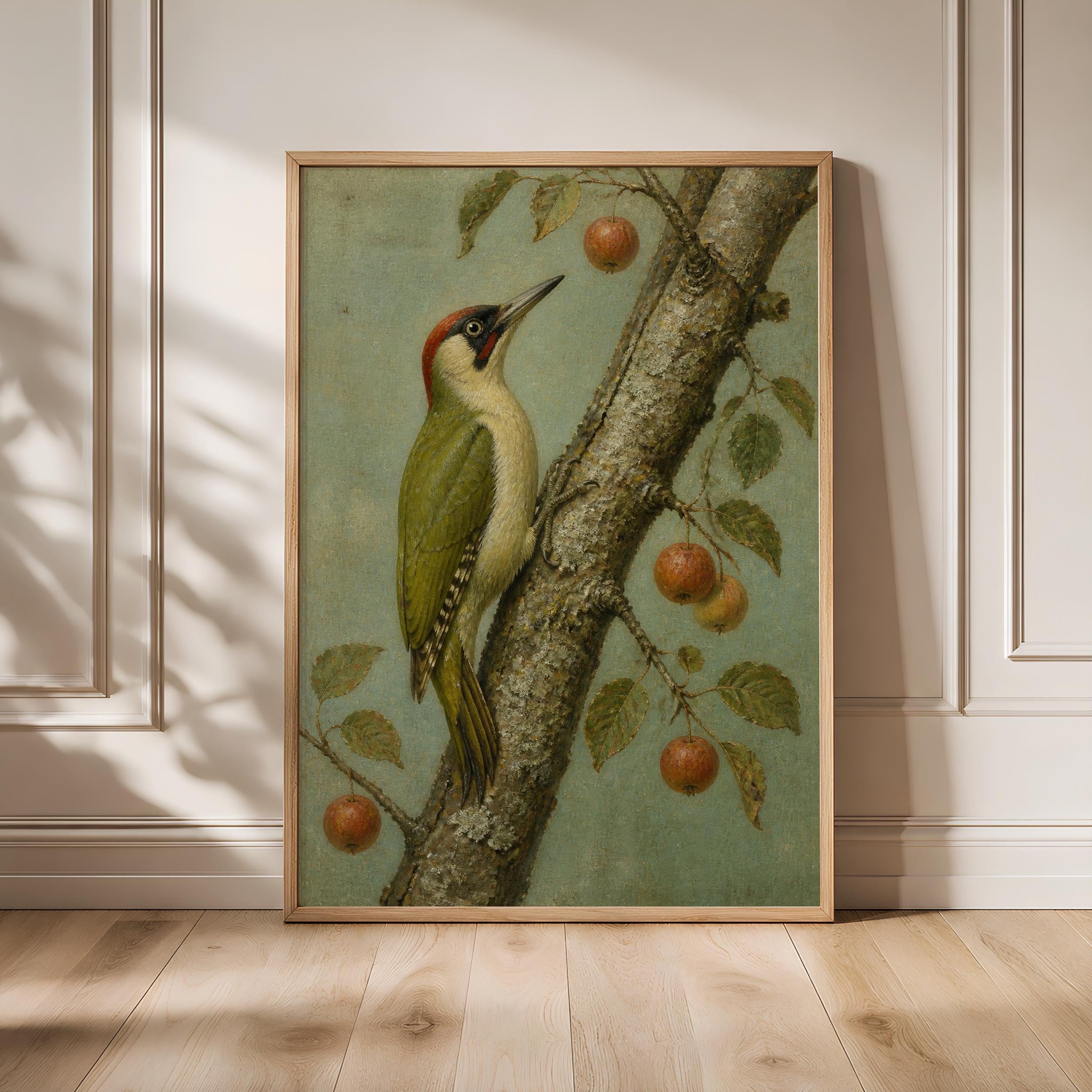 Green Woodpecker Wall Art, Arts and Crafts Bird Oil Painting, Crabapple Botanical Decor – Calm Wall Art by Artsify