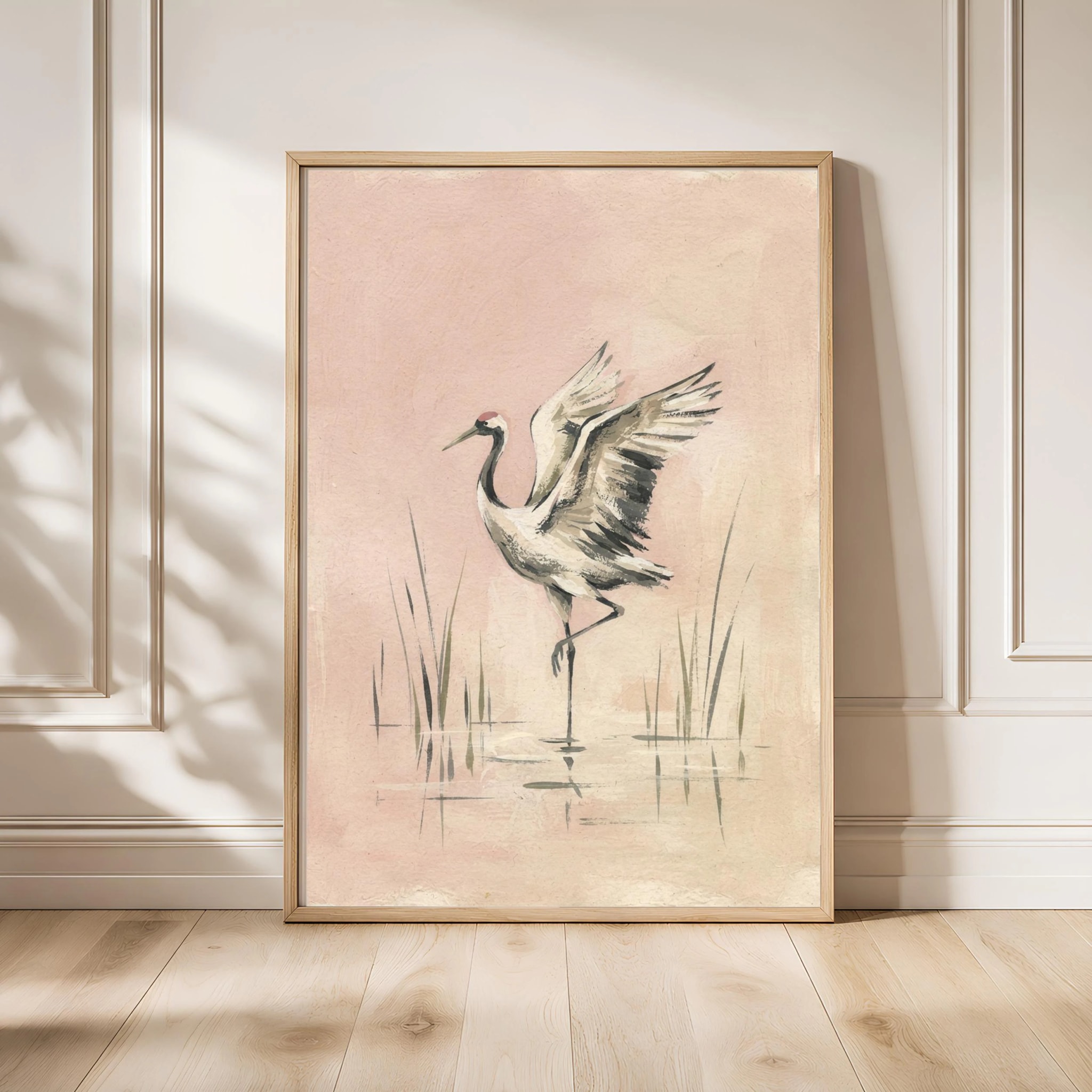 Crane Wall Art, Blush Pink Minimalist Wildlife Painting, Vintage Wetland Print, Housewarming Gift – Calm Wall Art by Artsify