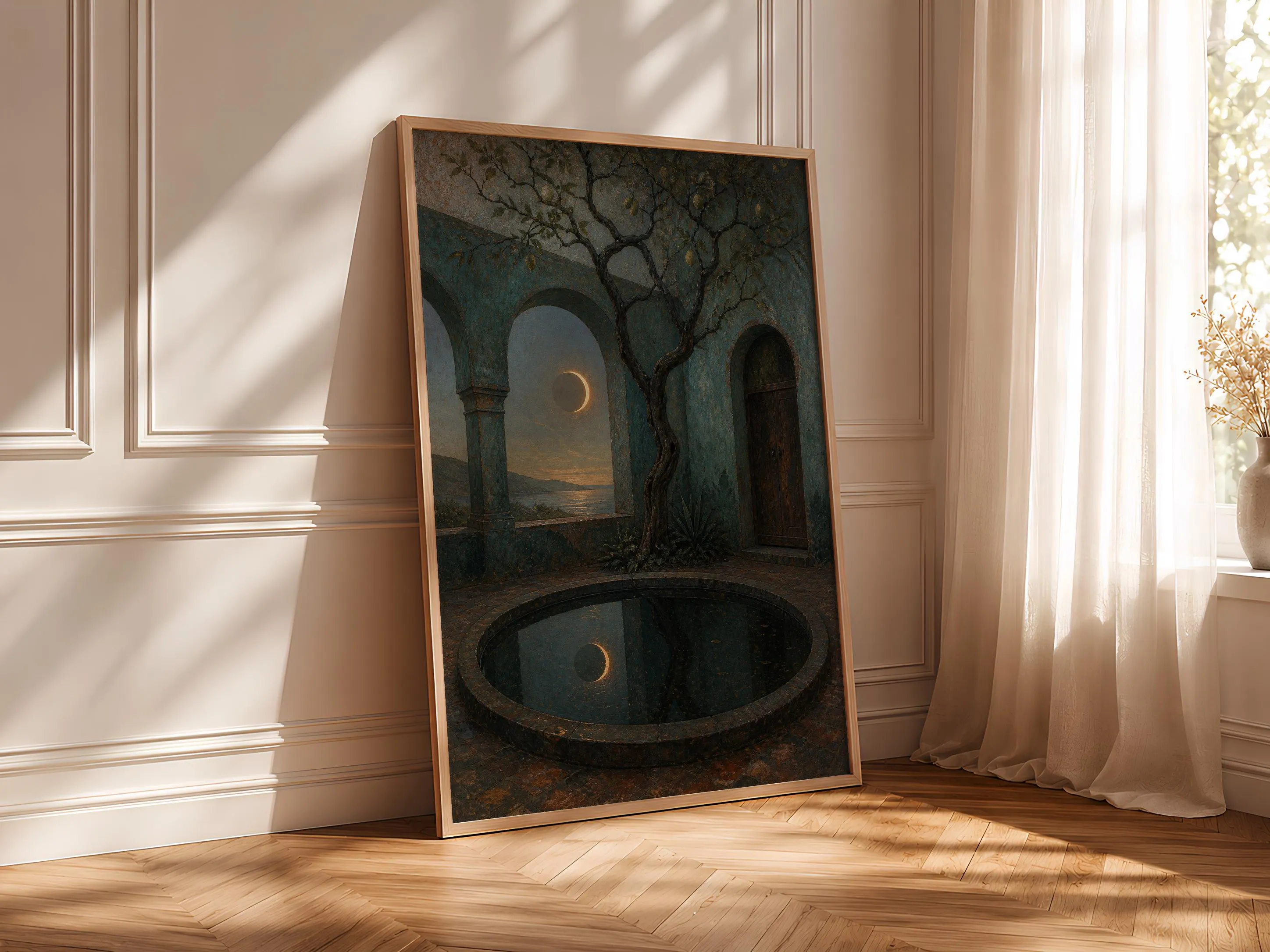 Eclipse Courtyard Wall Art, Vintage Celestial Painting, Teal Mediterranean Print, Housewarming Gift – Calm Wall Art by Artsify thumbnail 4