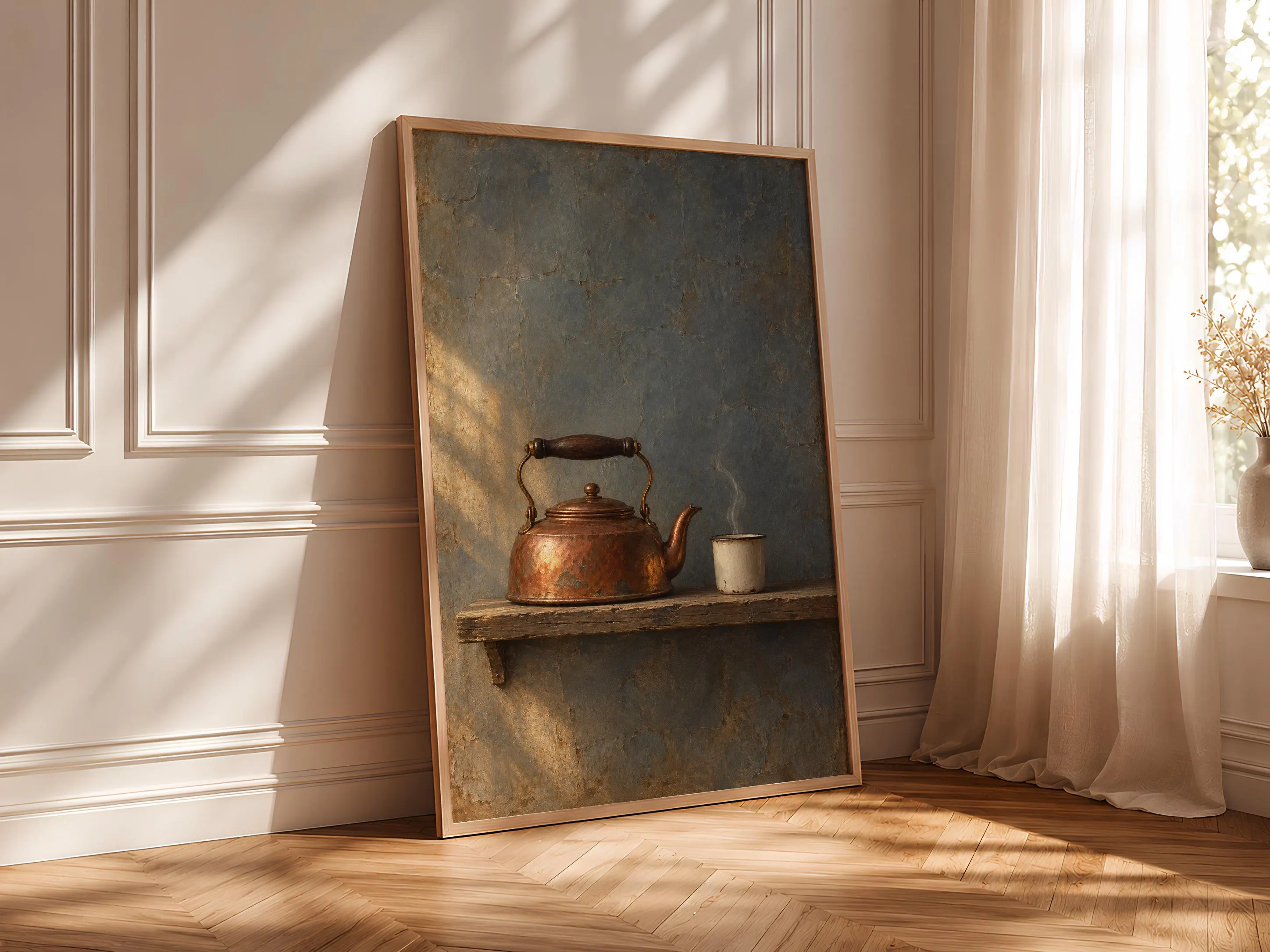Copper Kettle Still Life Print, Moody Chiaroscuro Kitchen Painting – Calm Wall Art by Artsify thumbnail 4