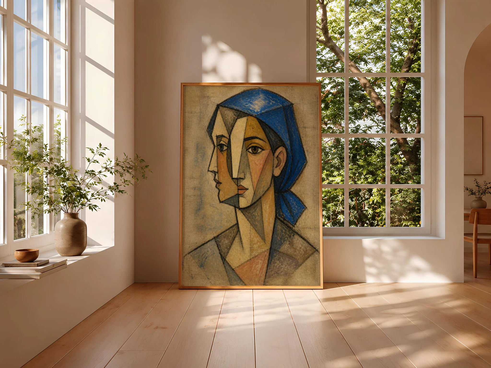 Cobalt Kerchief Cubist Portrait Print, Abstract Woman Wall Art, Modern Geometric Face – Calm Wall Art by Artsify thumbnail 3