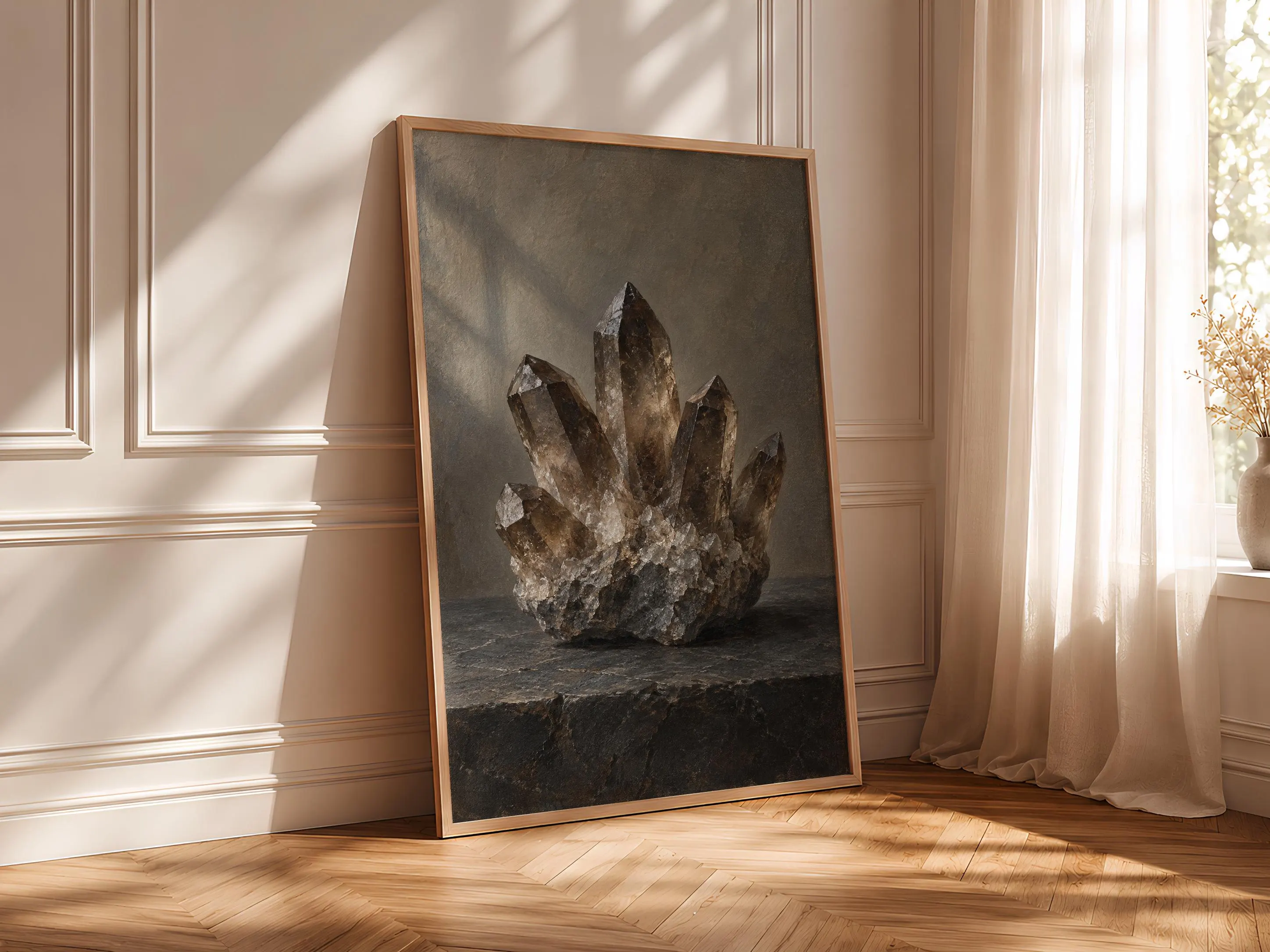 Smoky Quartz Cluster Wall Art, Neutral Geology Oil Painting, Minimalist Study Decor – Calm Wall Art by Artsify thumbnail 4