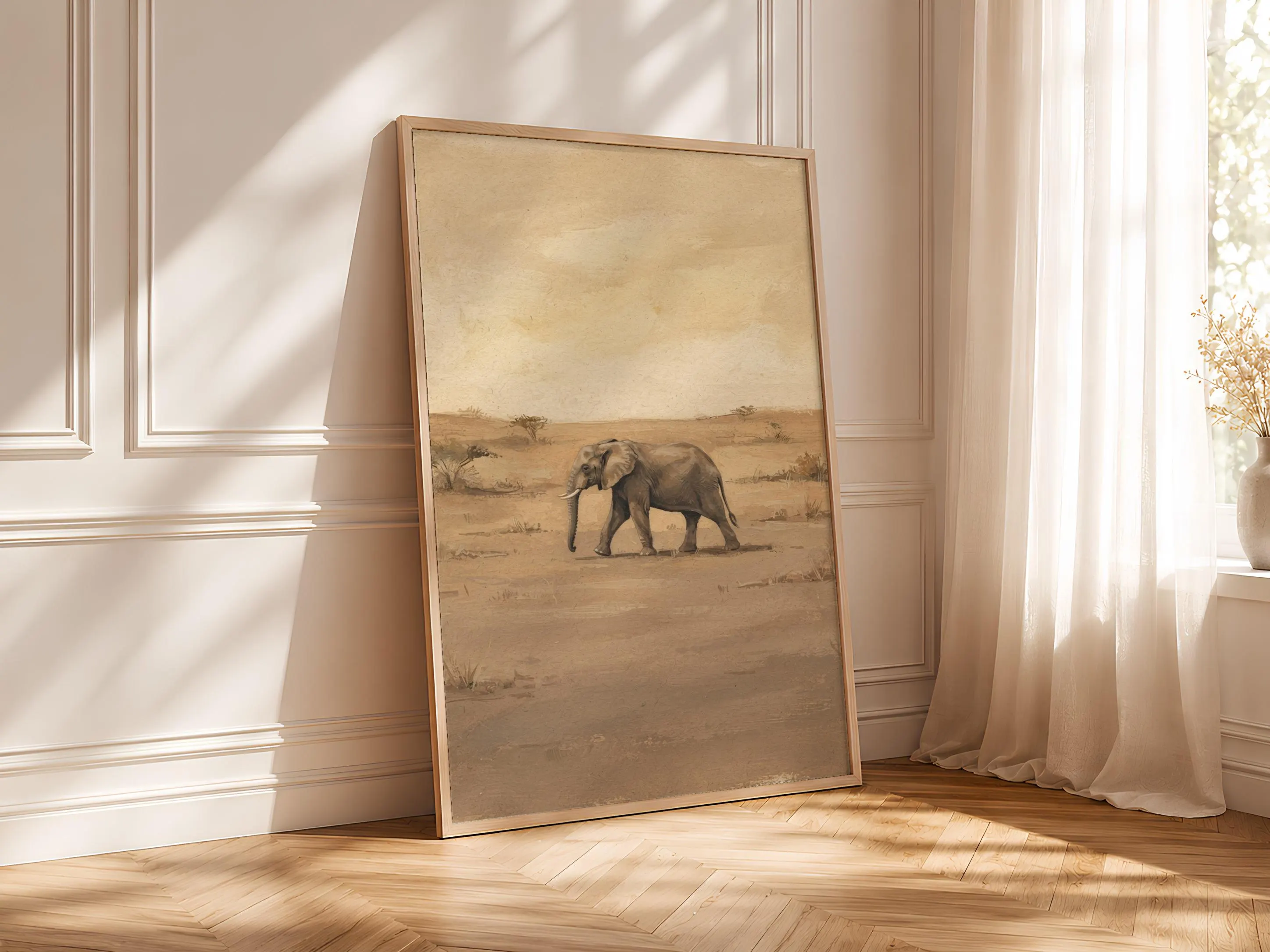 Elephant Wall Art, Taupe Minimalist Wildlife Painting, Vintage Safari Print, Housewarming Gift – Calm Wall Art by Artsify thumbnail 4