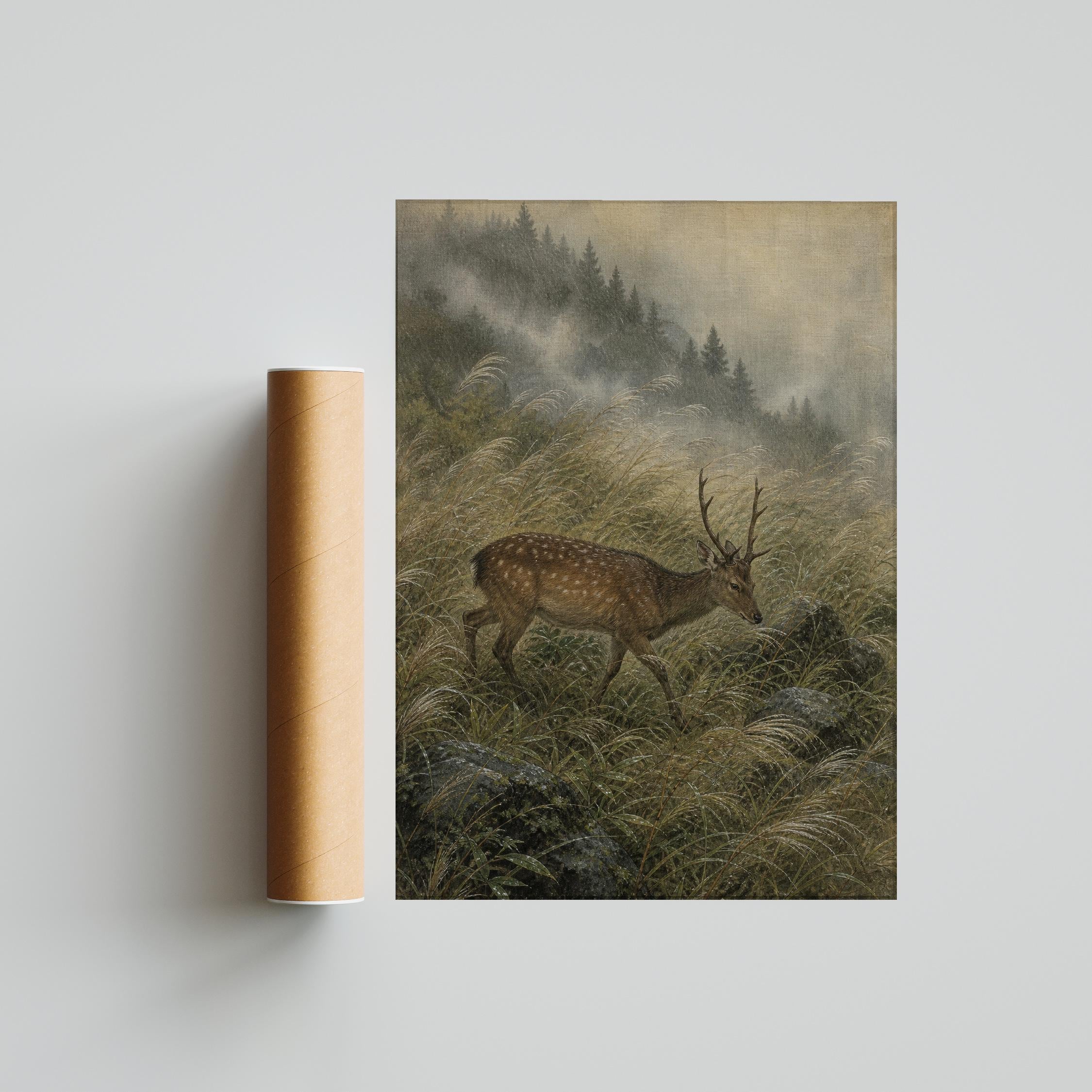 Sika Deer Painting Print, Japanese Wildlife Wall Art, Misty Grass Poster, Woodland Nature Decor, Housewarming Gift – Calm Wall Art by Artsify thumbnail 5