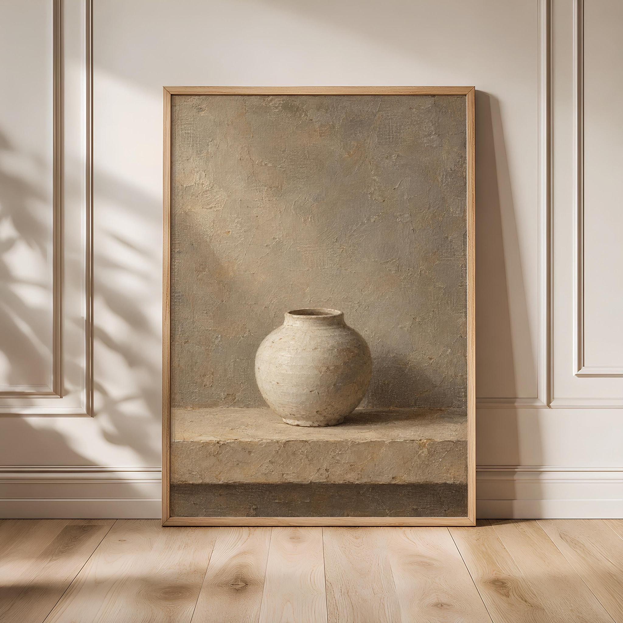 White Ceramic Jar Wall Art, Minimal Japandi Pottery Painting, Neutral Shelf Decor – Calm Wall Art by Artsify