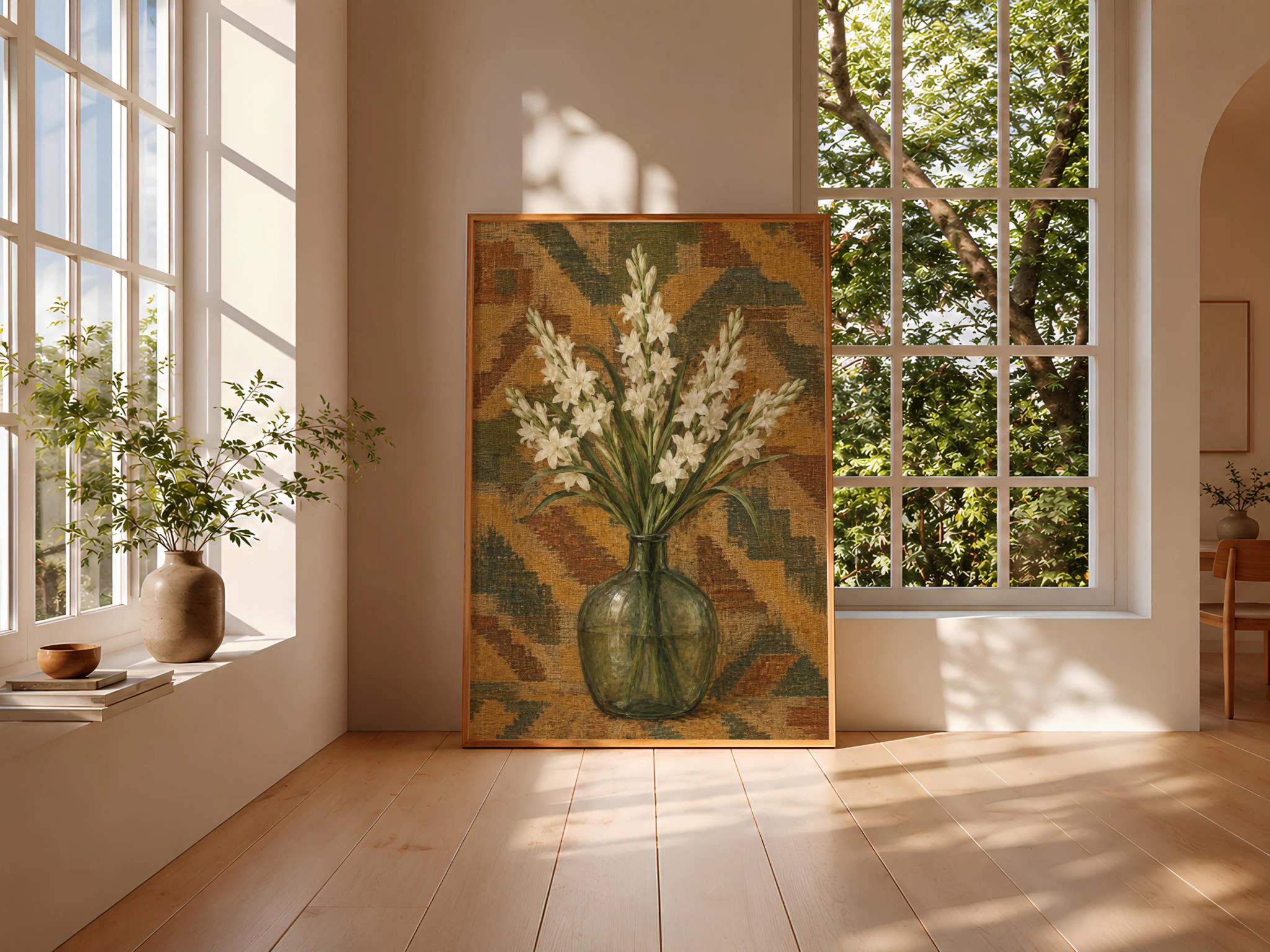 White Tuberose Wall Art, Antique Kilim Botanical Painting – Calm Wall Art by Artsify thumbnail 3