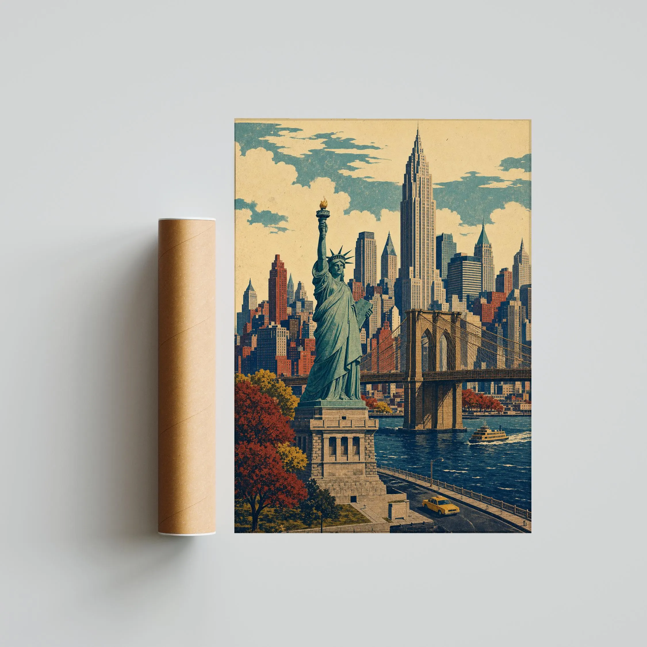 New York Skyline Painting Print, Statue of Liberty Wall Art, Vintage Cityscape Poster, American Travel Decor, Housewarming Gift – Calm Wall Art by Artsify thumbnail 5
