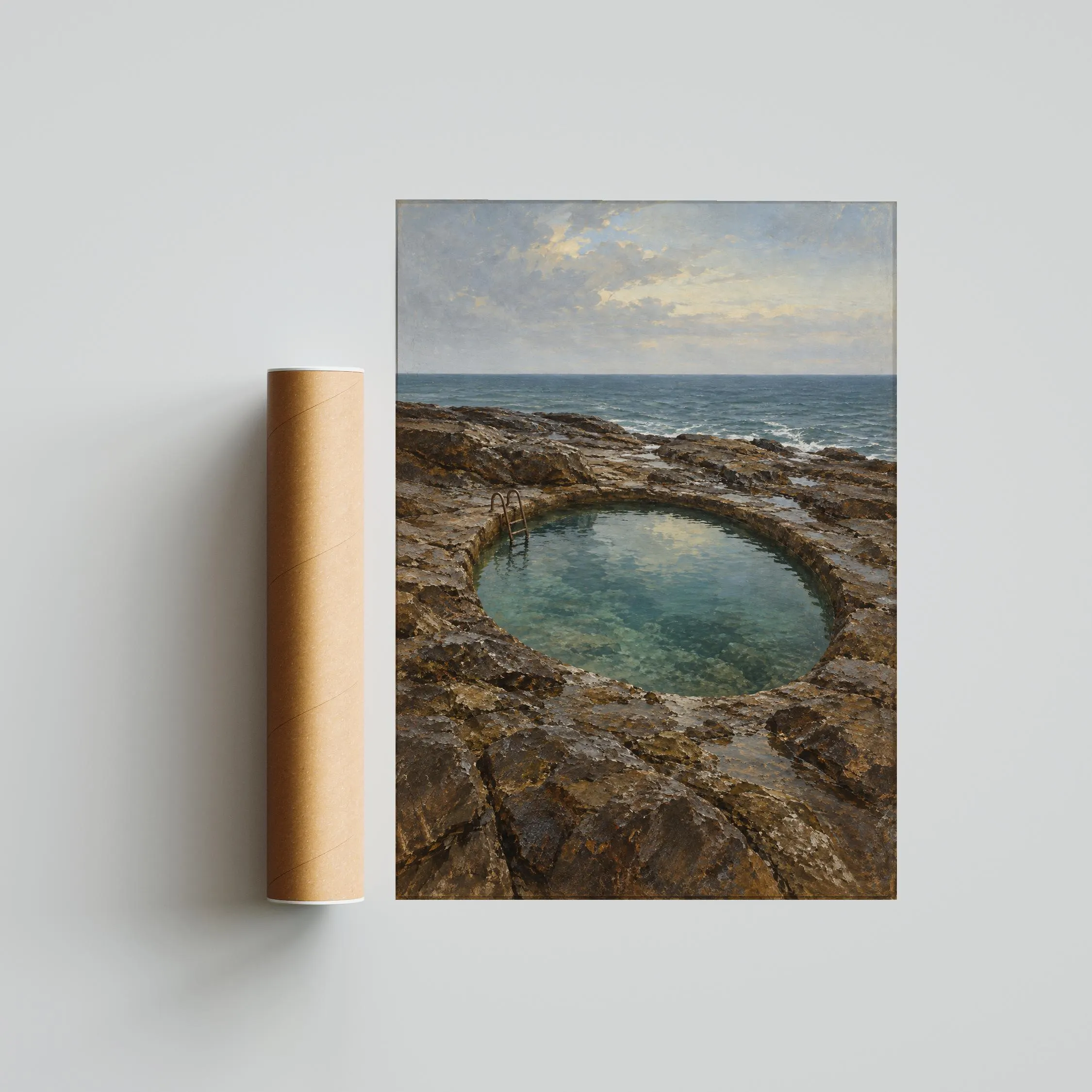 Cold Water Rock Pool Print, Moody Grey Coastal Oil Painting – Calm Wall Art by Artsify thumbnail 5