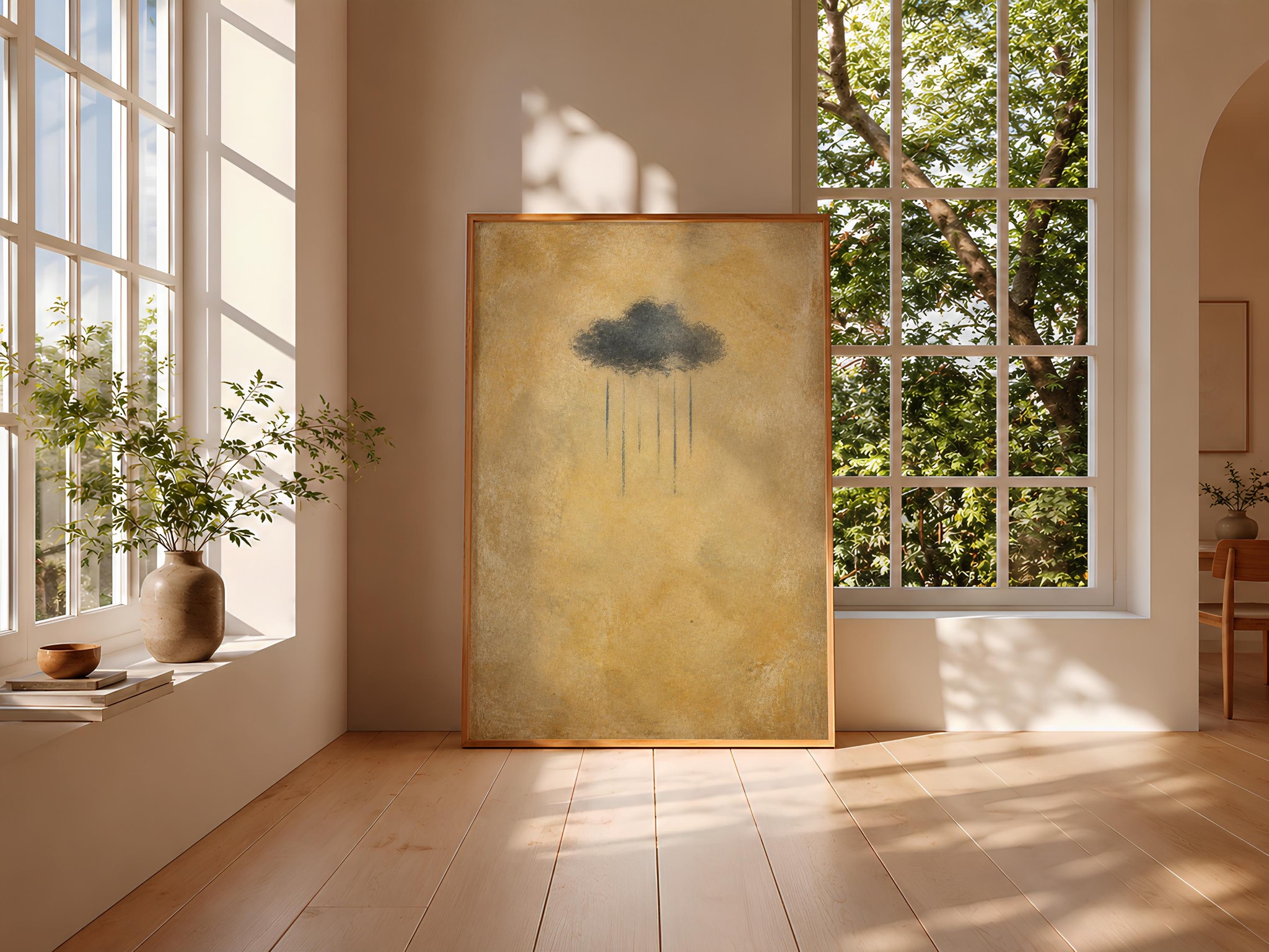 Rain Cloud Wall Art, Minimalist Storm Sky Painting, Warm Ochre Boho Print – Calm Wall Art by Artsify thumbnail 3