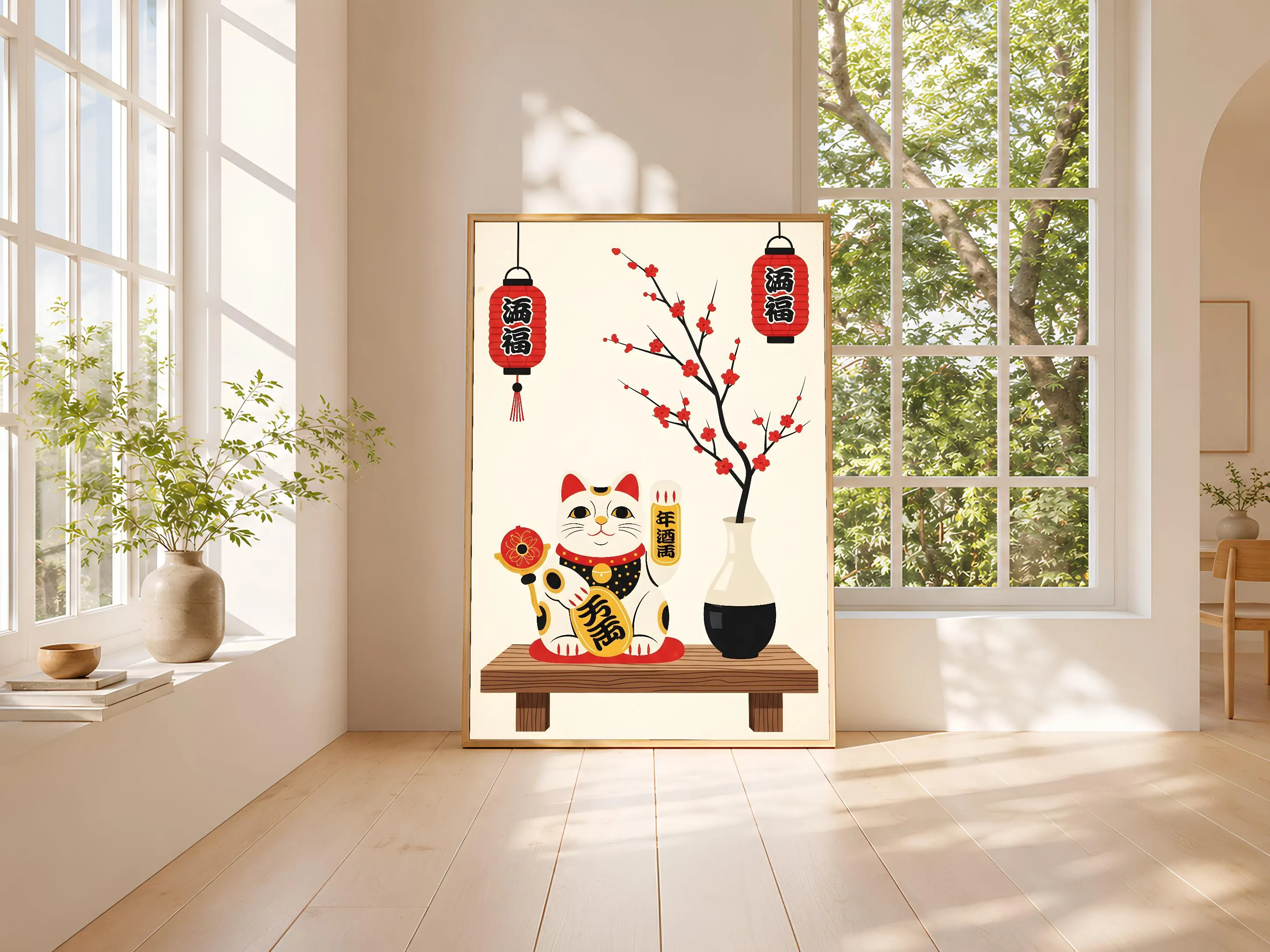 Lucky Cat Print, Japanese Maneki Neko Poster, Woodblock Style Wall Art, Entryway Good Luck Decor, Housewarming Gift – Calm Wall Art by Artsify thumbnail 3