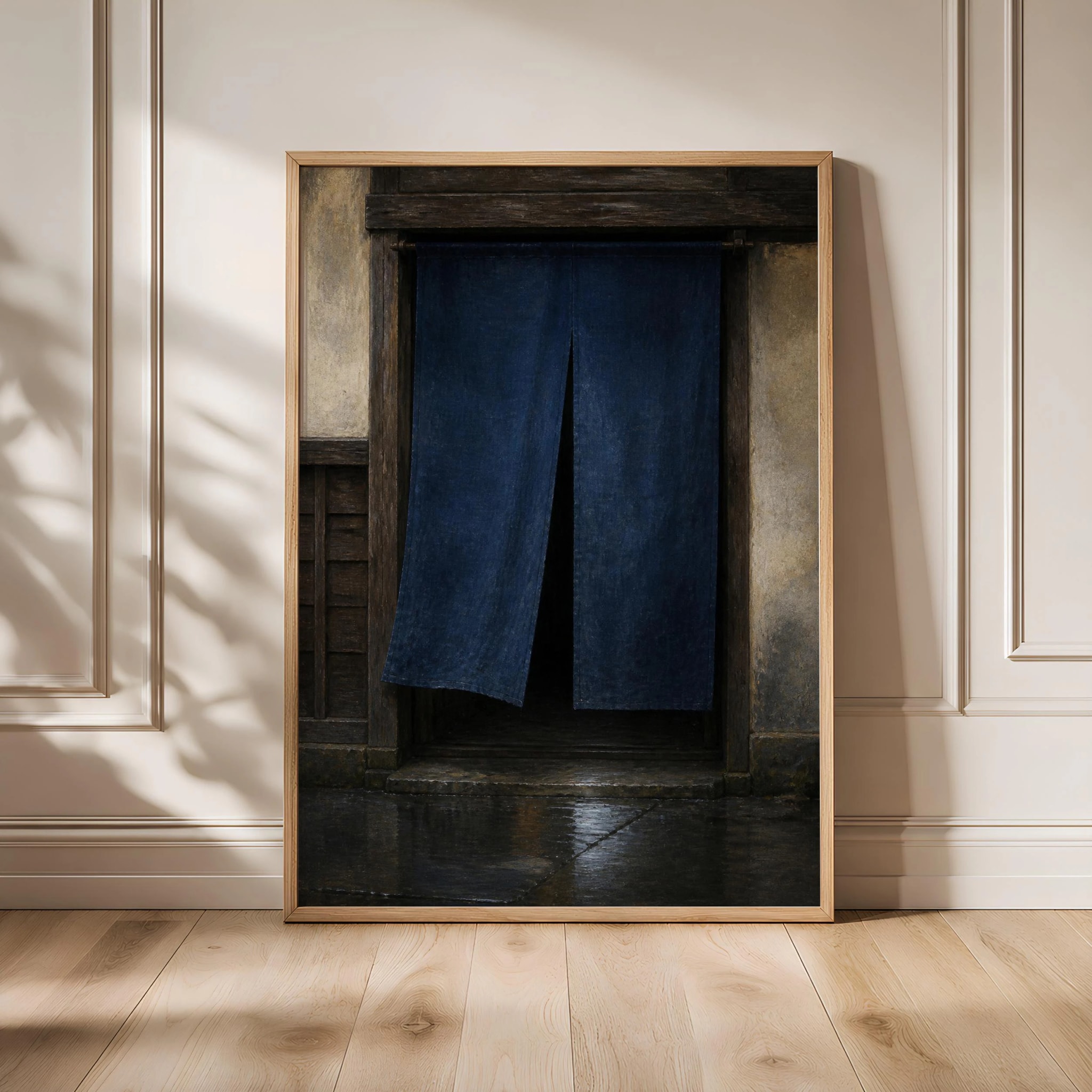 Noren Curtain Wall Art, Japanese Doorway Painting, Moody Indigo Rain Decor Print – Calm Wall Art by Artsify