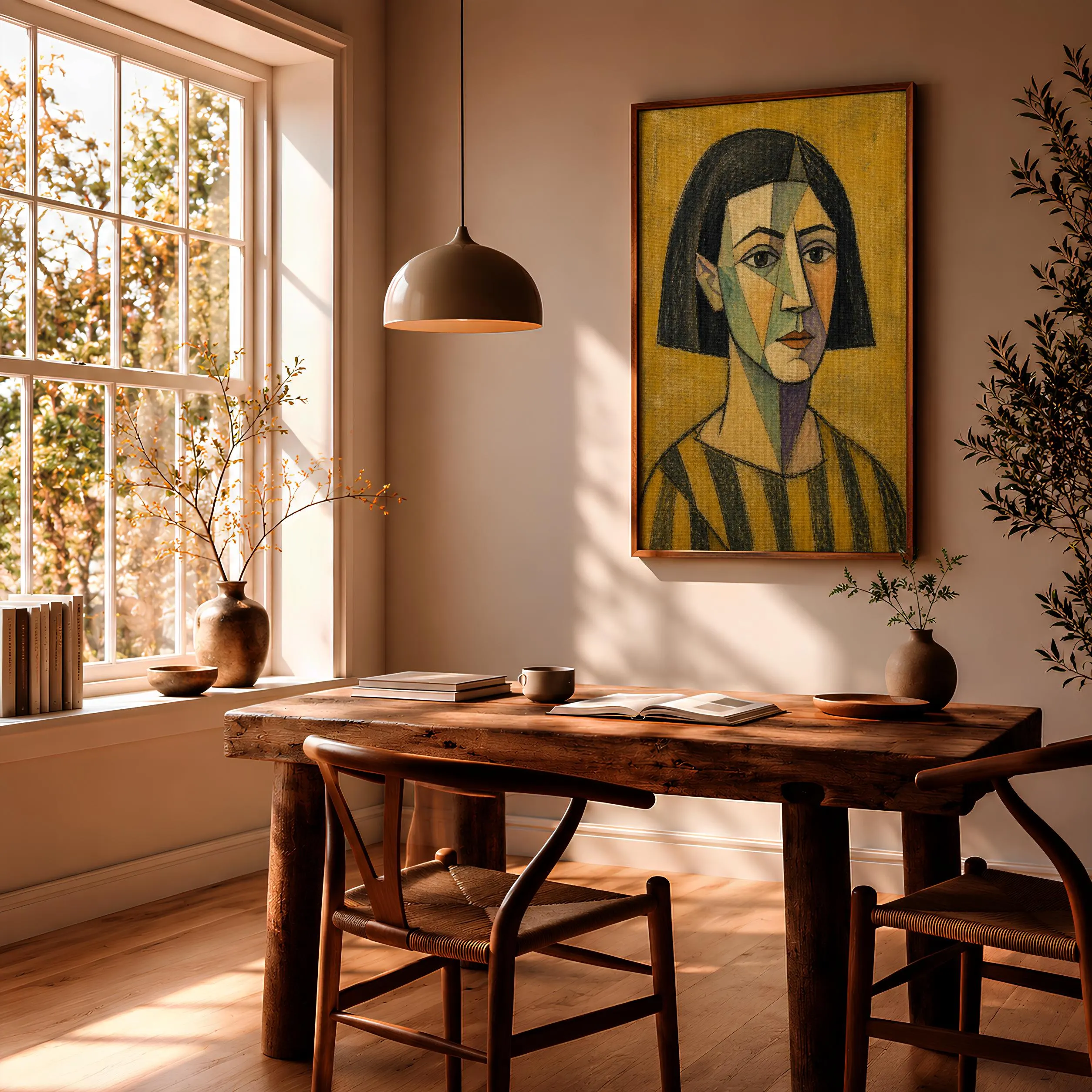 Jade Cubist Woman Portrait Print, Striped Smock Abstract Face Art, Mustard Wall Decor – Calm Wall Art by Artsify thumbnail 2