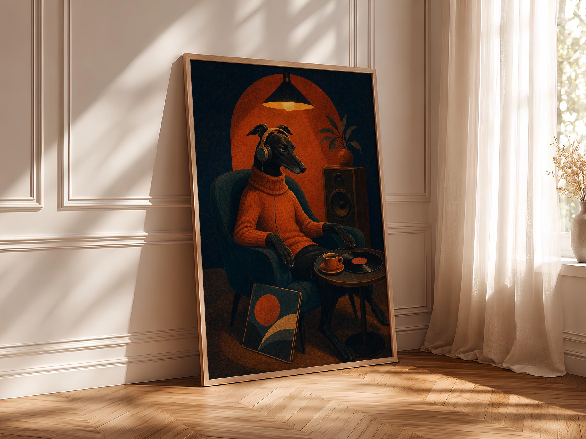 Greyhound Music Art Print, Retro Vinyl Listening Poster, Mid Century Dog Wall Art, Music Room Decor, Housewarming Gift – Calm Wall Art by Artsify thumbnail 4