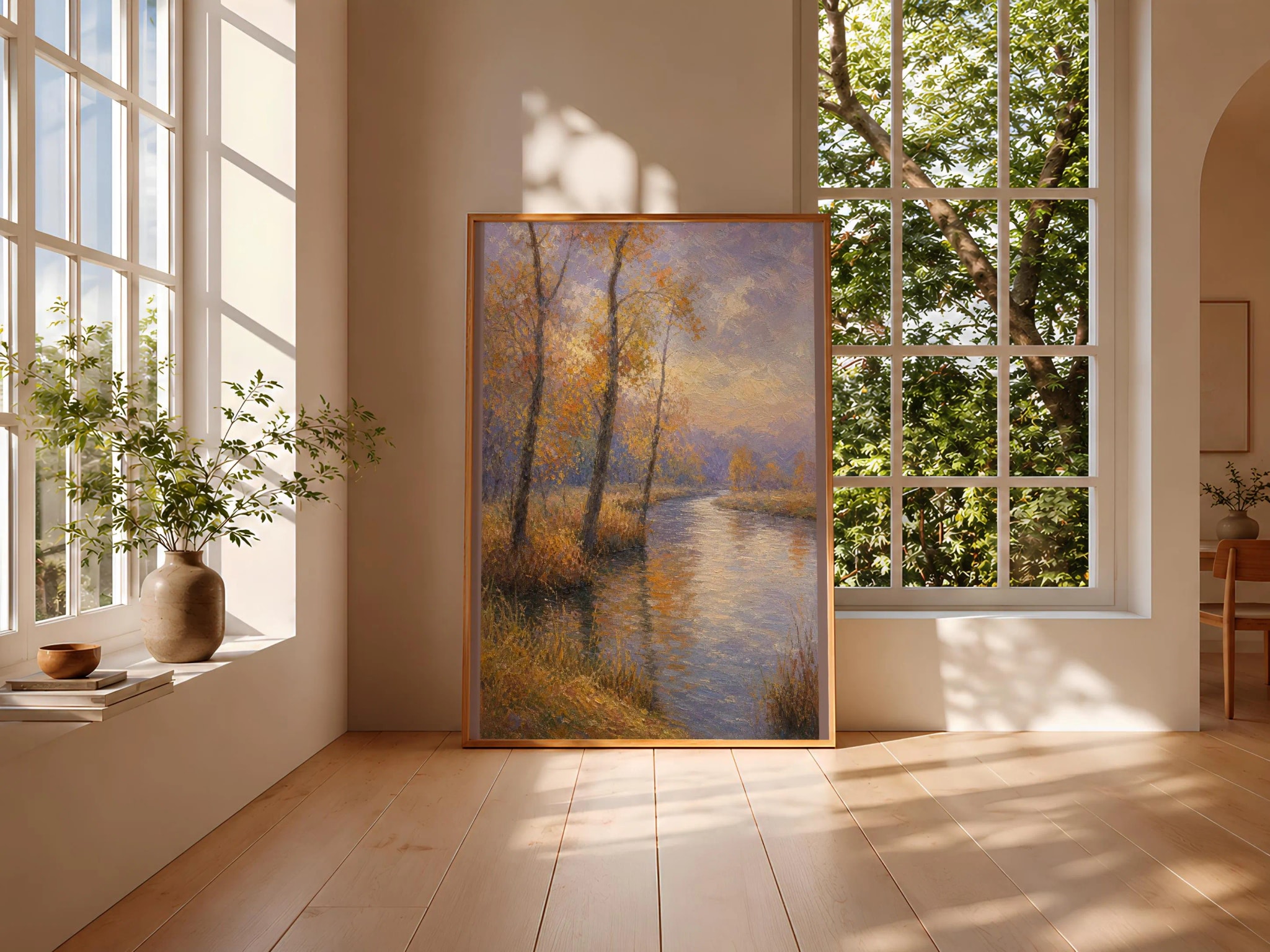 Monet Style River Print, Impressionist Landscape Wall Art, Amber Autumn Poster, Fall Cottage Decor, Housewarming Gift – Calm Wall Art by Artsify thumbnail 3