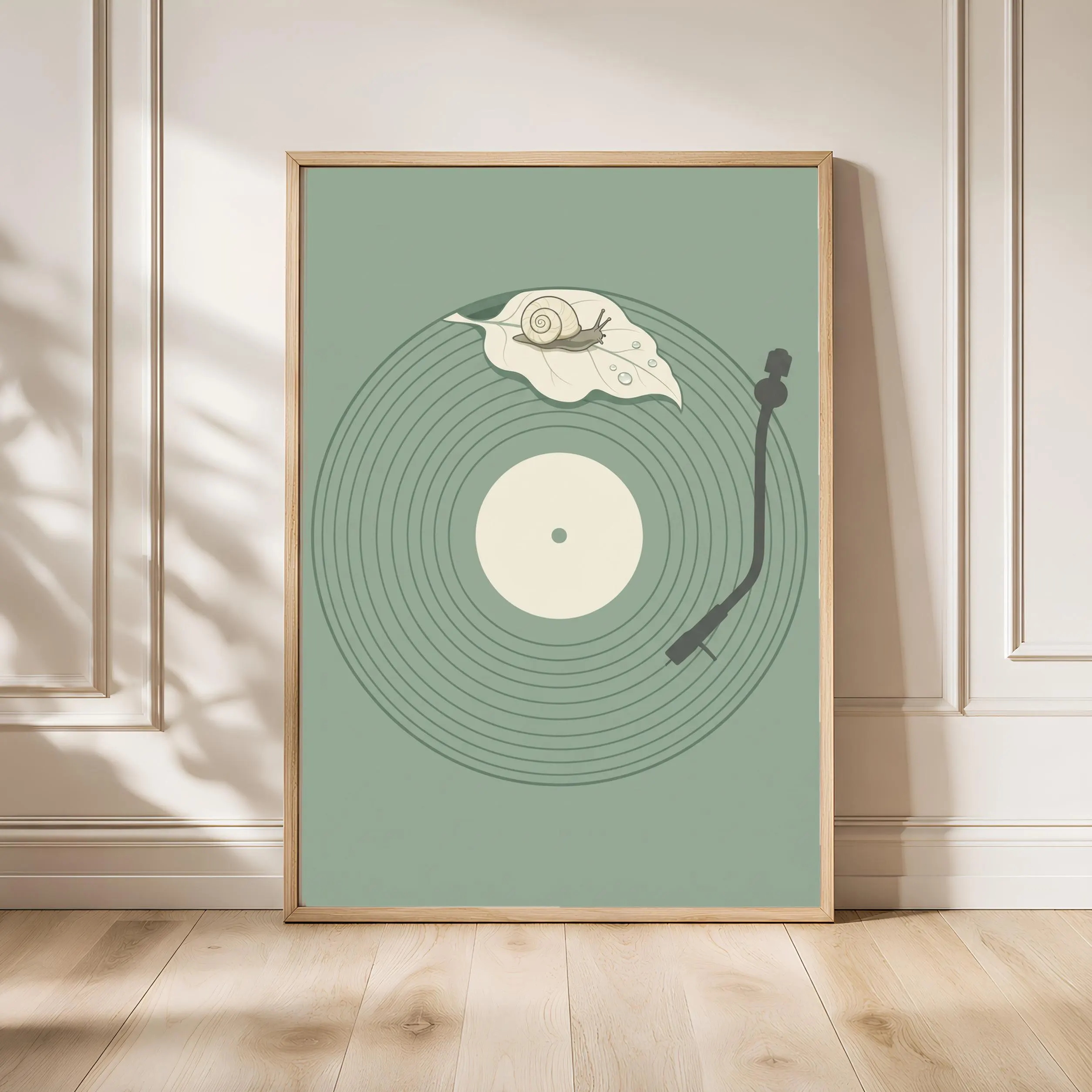 Snail Vinyl Record Print, Japanese Garden Music Poster, Sage Green Wall Art, Whimsical Gift – Calm Wall Art by Artsify