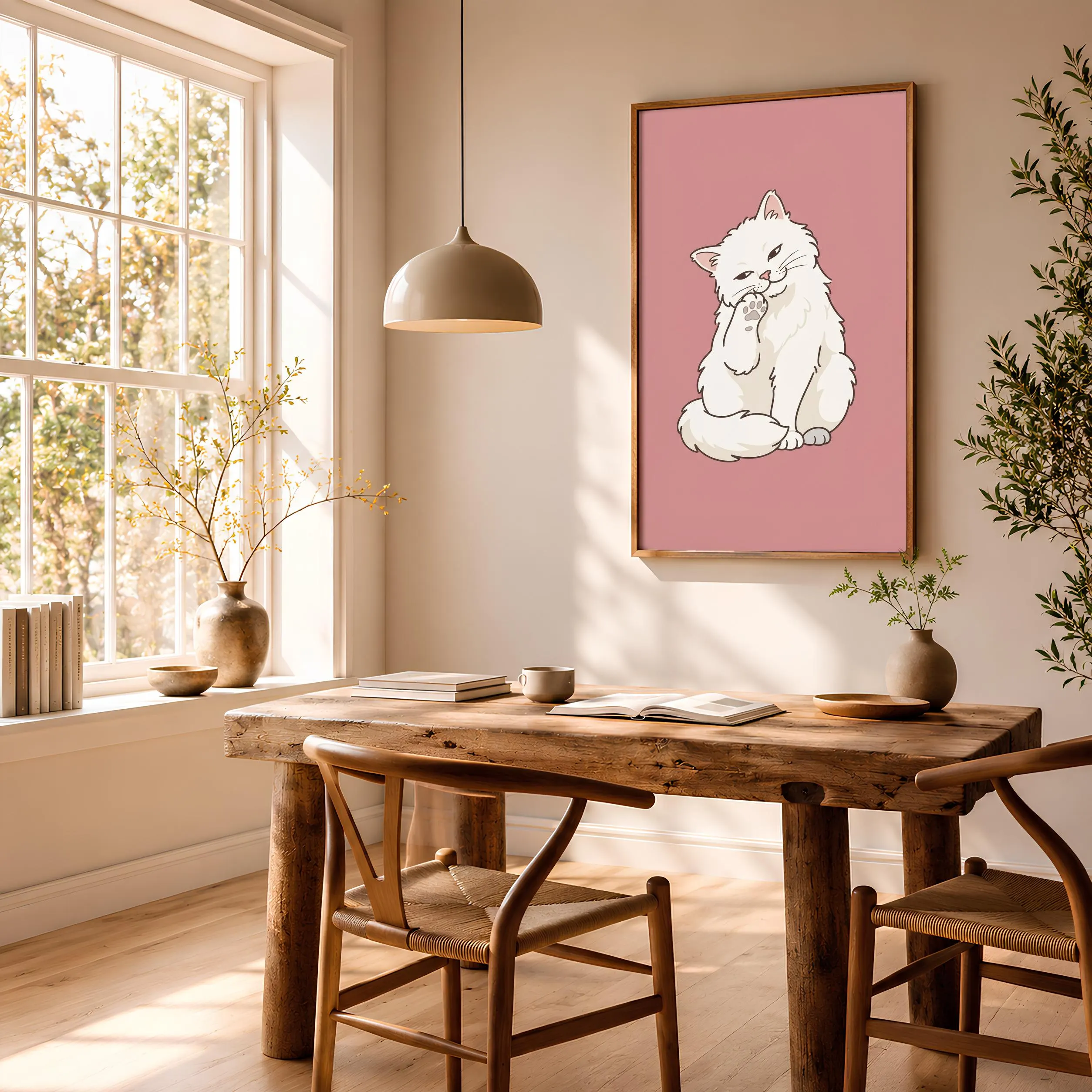 Minimalist Cat Print, Grooming White Cat Wall Art, Dusty Rose Poster, Cat Lover Gift, Housewarming Gift – Calm Wall Art by Artsify thumbnail 2