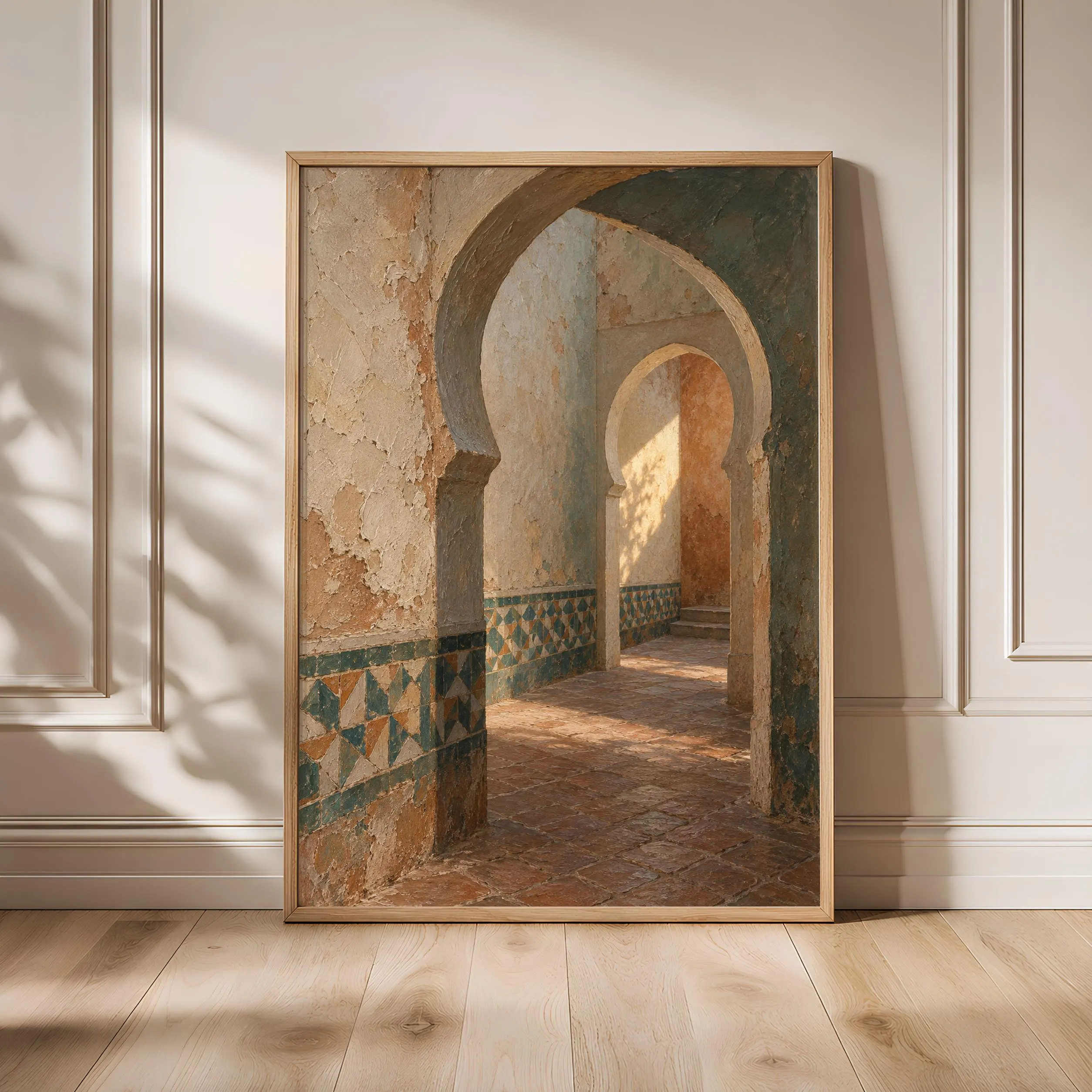 Moroccan Riad Archway Wall Art, Quiet Passage Oil Painting, Boho Mediterranean Decor – Calm Wall Art by Artsify