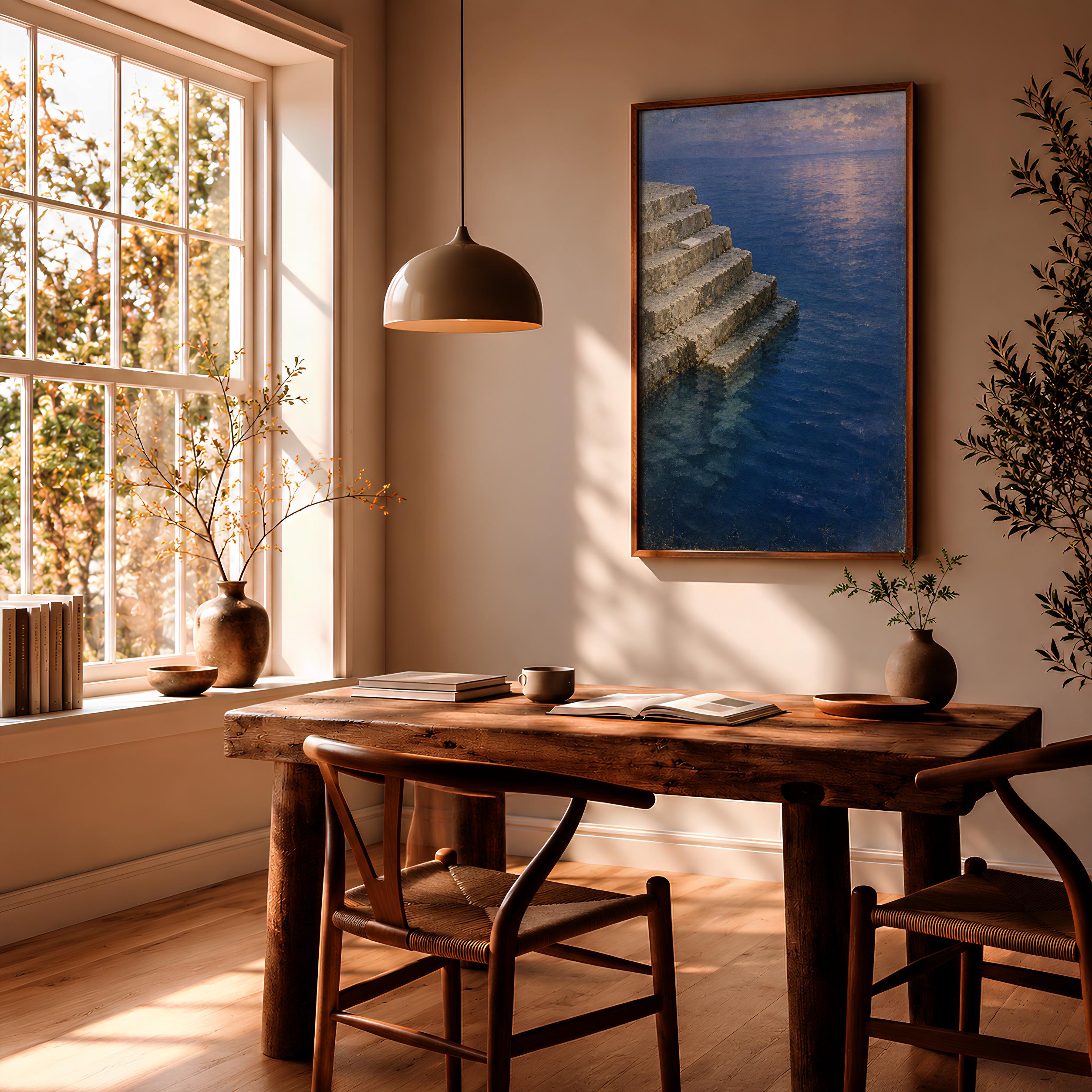 Cobalt Sea Steps Print, Blue Hour Mediterranean Swim Painting – Calm Wall Art by Artsify thumbnail 2