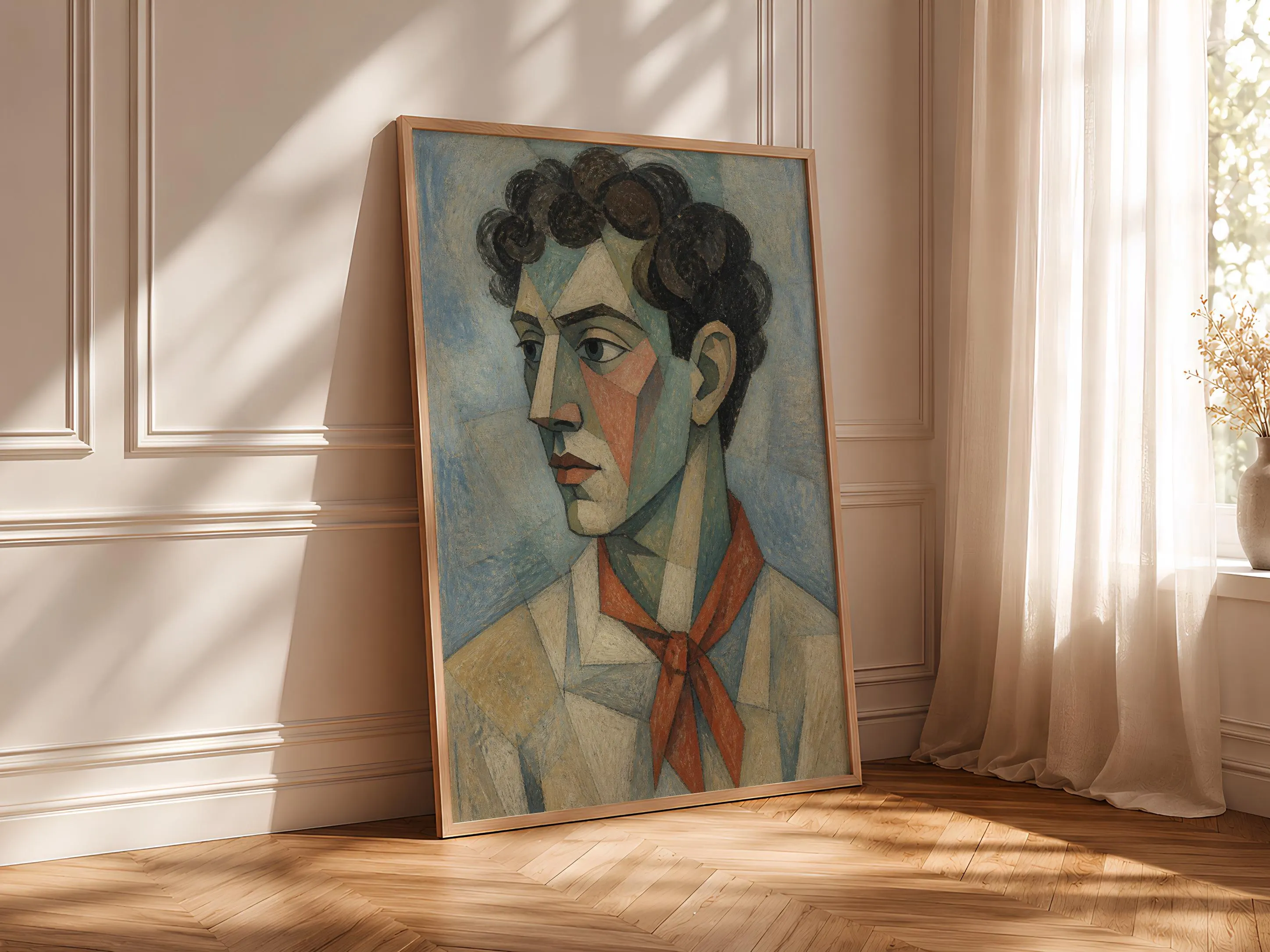 Vermilion Scarf Cubist Man Portrait, Sea Green Abstract Face Print, Modern Wall Art – Calm Wall Art by Artsify thumbnail 4
