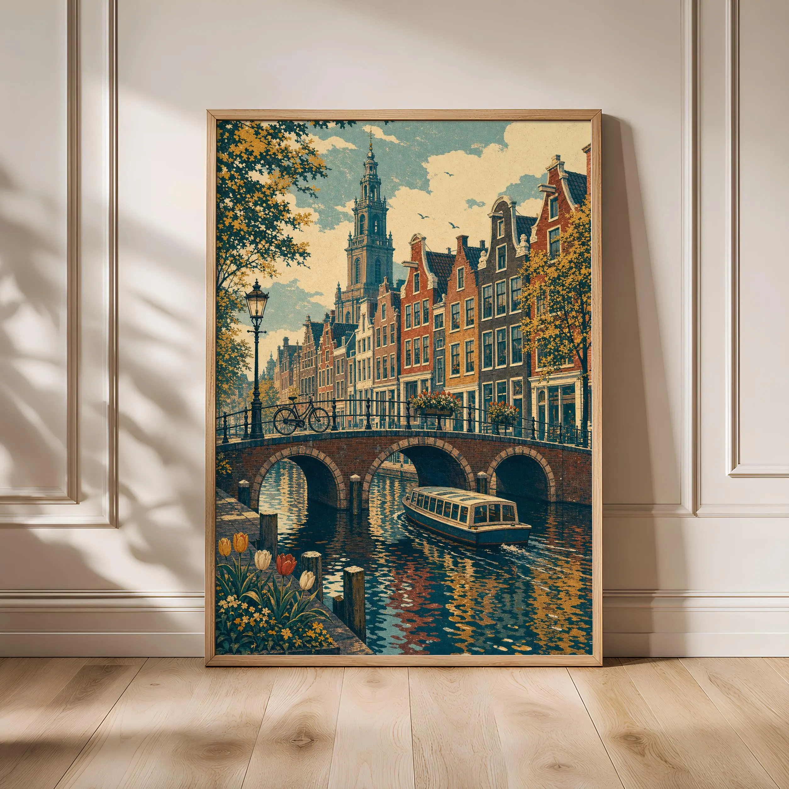 Amsterdam Canal Painting Print, Dutch Cityscape Wall Art, Vintage Bridge Poster, Netherlands Travel Decor, Housewarming Gift – Calm Wall Art by Artsify
