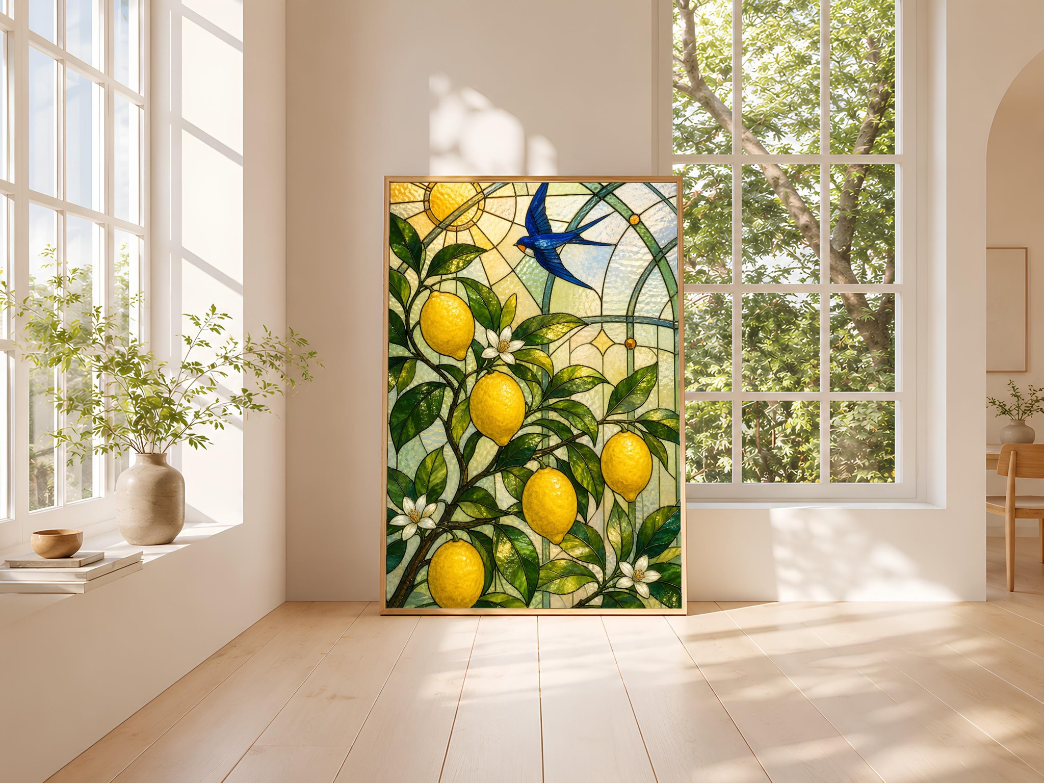 Lemon Tree Stained Glass Print, Botanical Conservatory Wall Art, Swallow Bird Poster, Mediterranean Kitchen Decor, Housewarming Gift – Calm Wall Art by Artsify thumbnail 3
