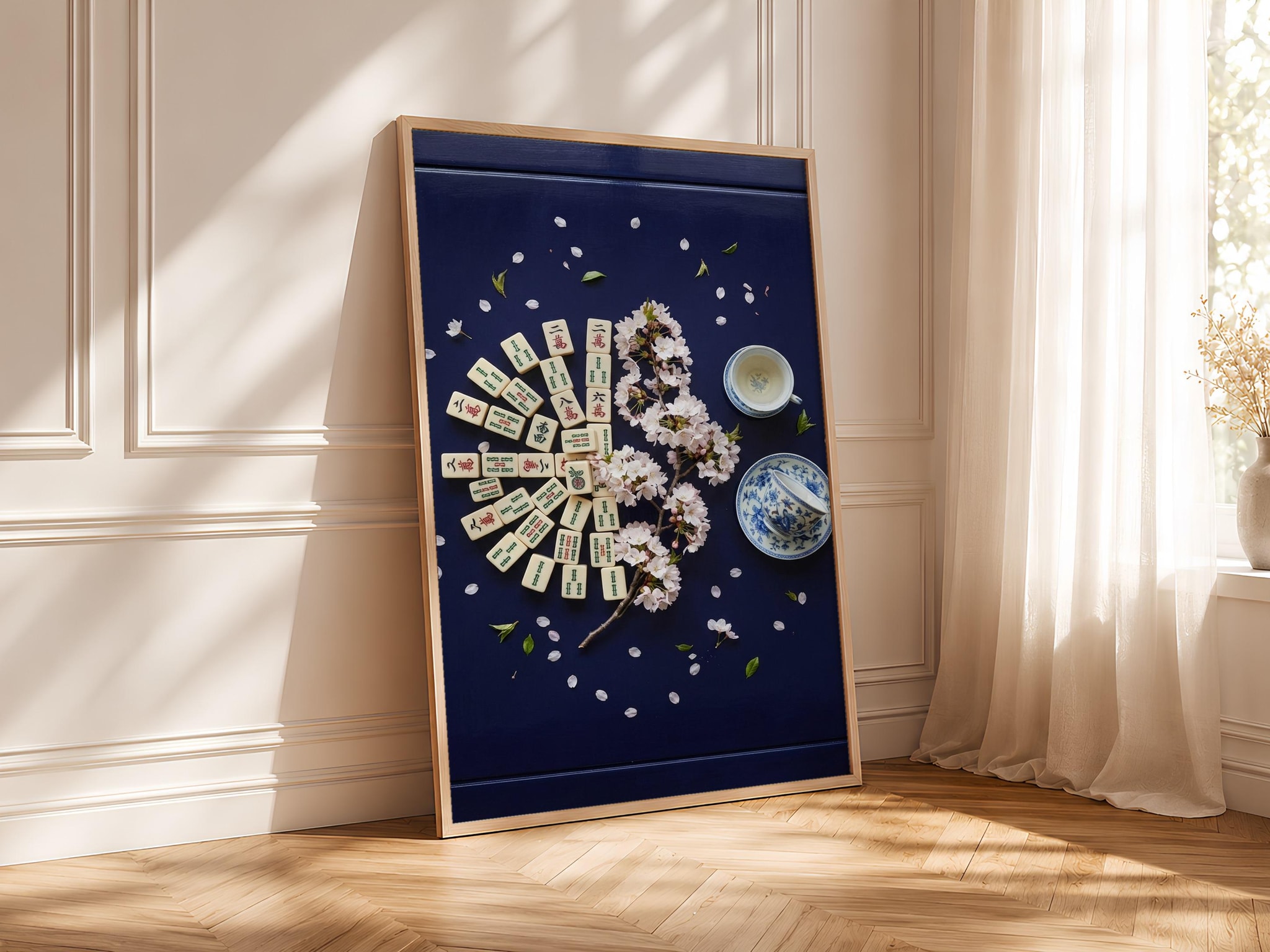 Mahjong Cherry Blossom Print, Chinoiserie Game Room Poster, Indigo Wall Art, Housewarming Gift – Calm Wall Art by Artsify thumbnail 4