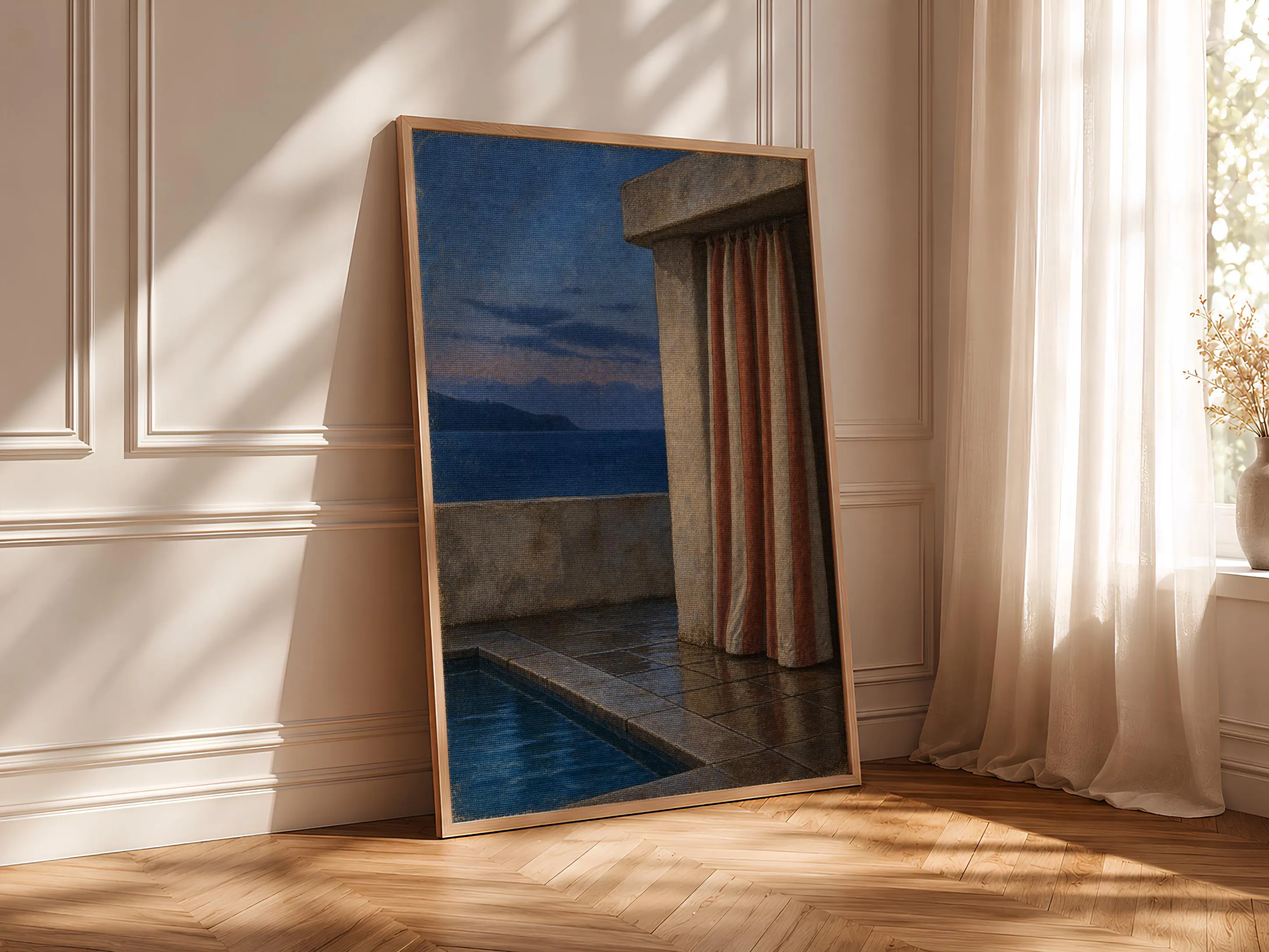 Striped Cabana Wall Art, Blue Hour Poolside Oil Painting, Mediterranean Summer Decor – Calm Wall Art by Artsify thumbnail 4