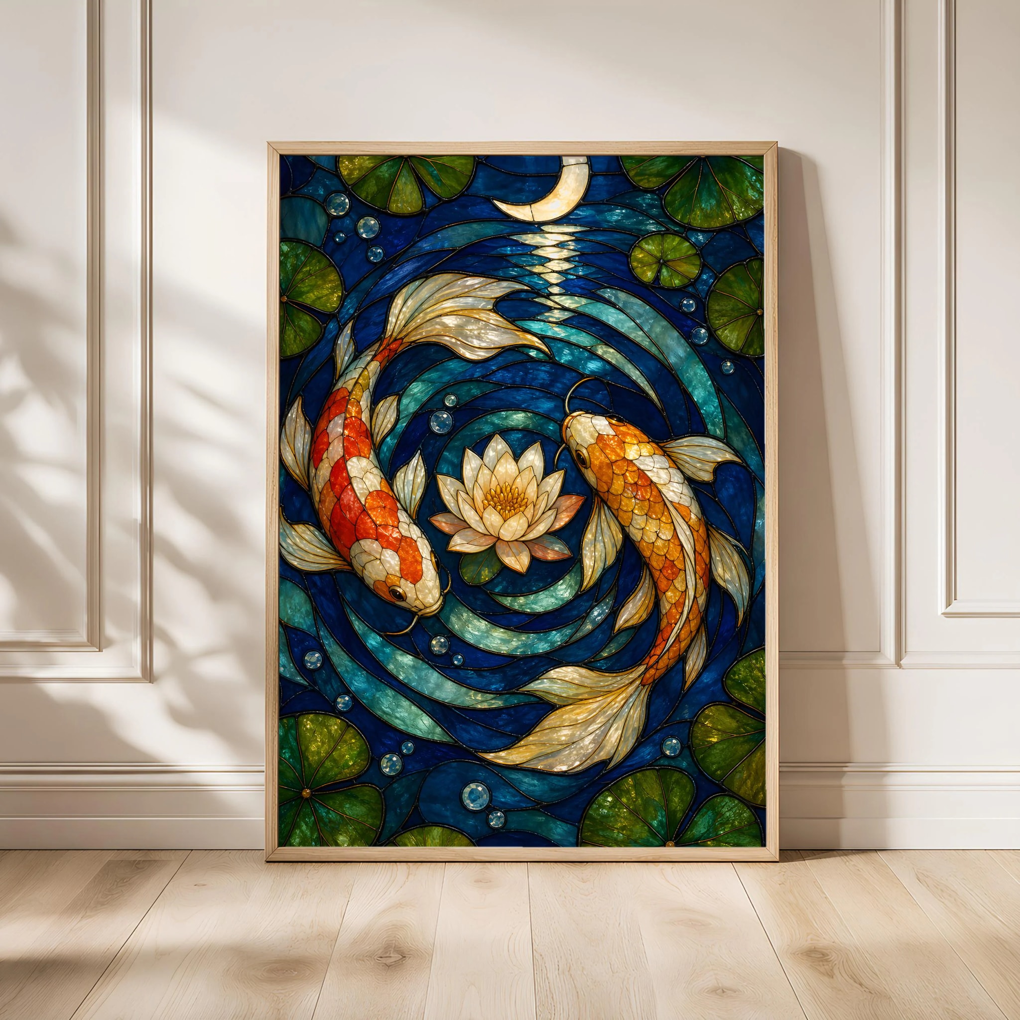 Koi Fish Stained Glass Print, Japanese Pond Wall Art, Moonlit Water Lily Poster, Zen Decor Gift, Housewarming Gift – Calm Wall Art by Artsify