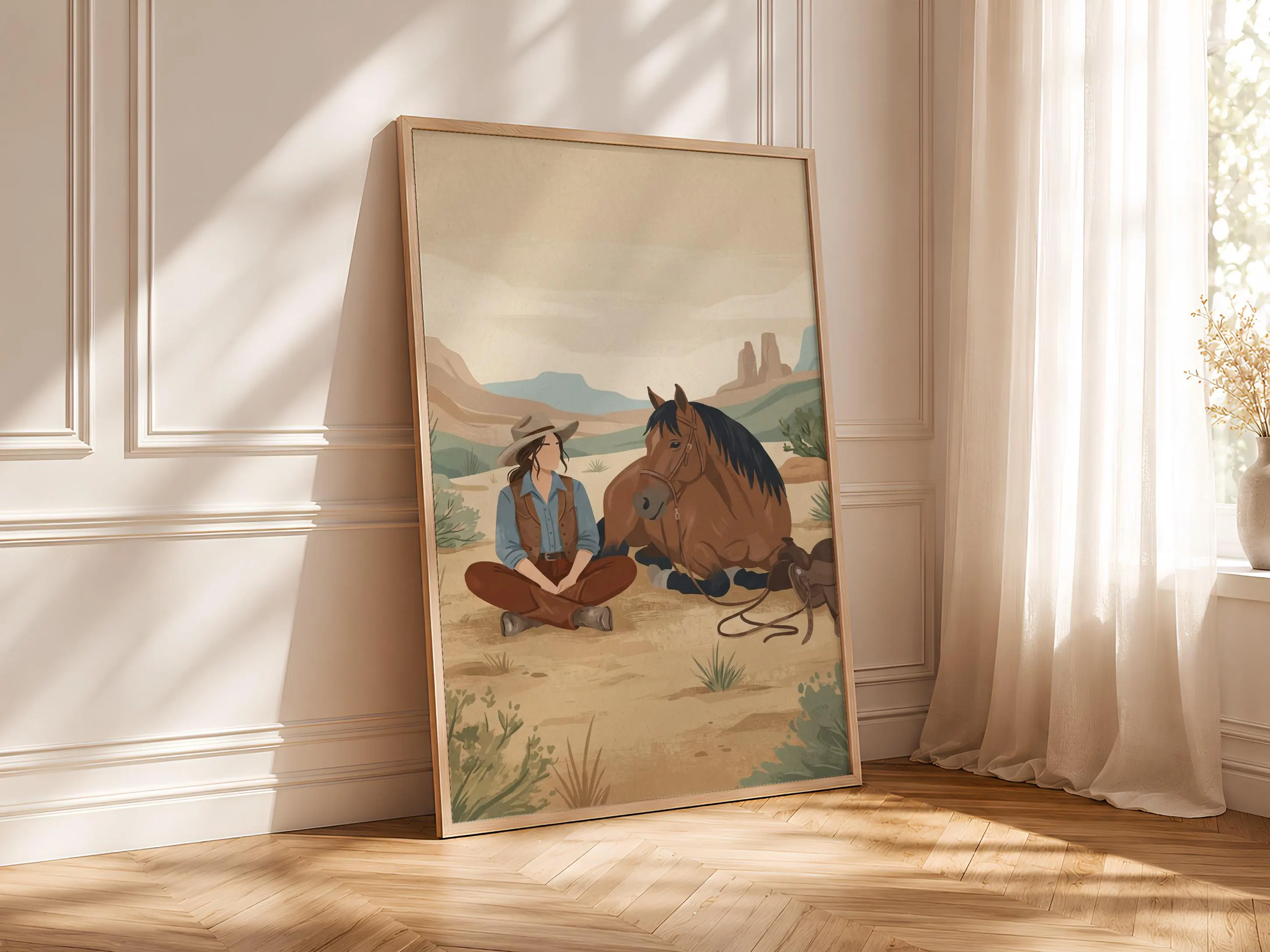 Cowgirl Resting Horse Print, Western Folk Art Poster, Sand Wall Art, Ranch Housewarming Gift – Calm Wall Art by Artsify thumbnail 4