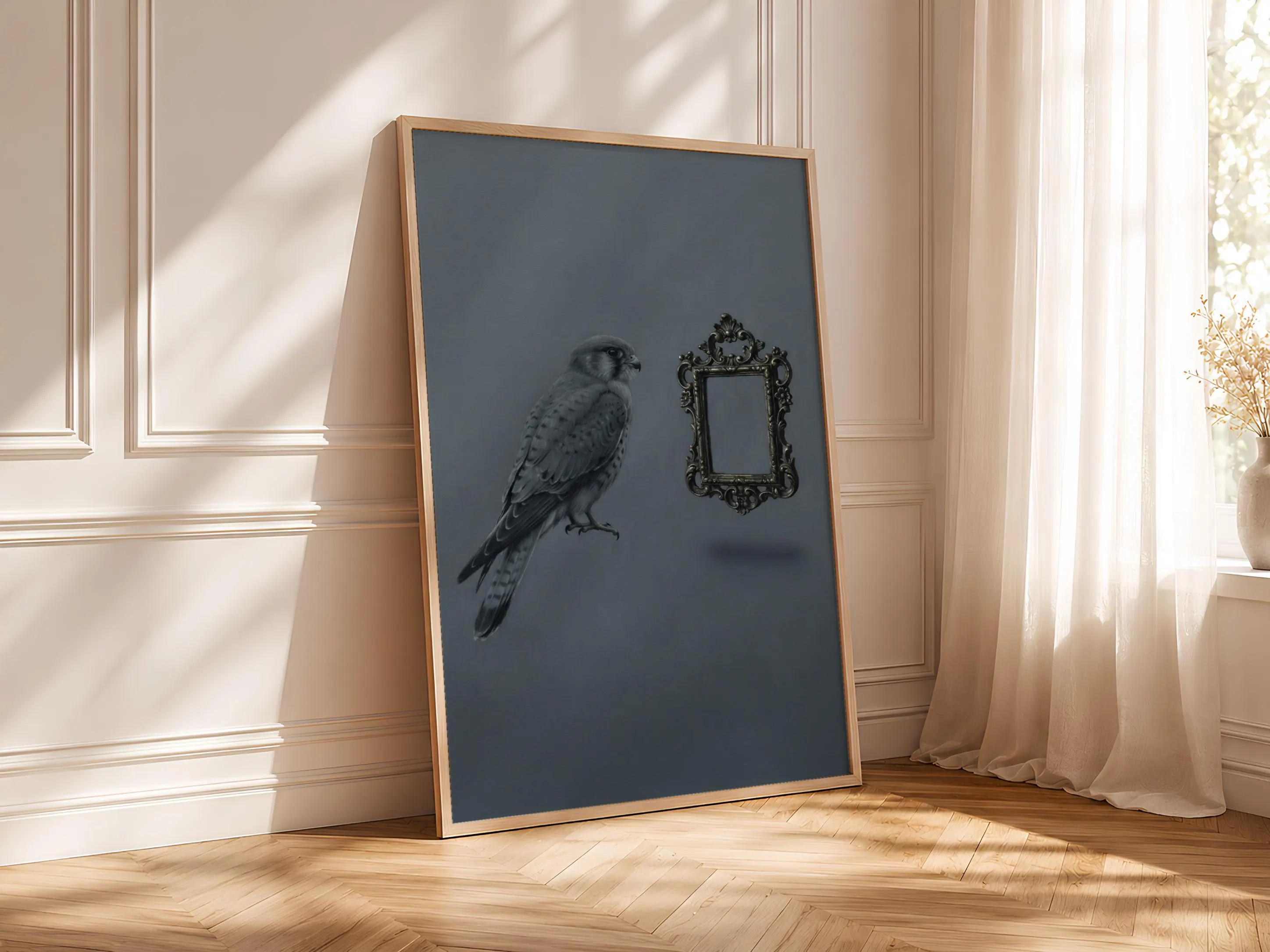 Surreal Kestrel Wall Art Print, Floating Mirror Poster, Grey Bird Decor, Minimalist Surreal Art, Housewarming Gift – Calm Wall Art by Artsify thumbnail 4
