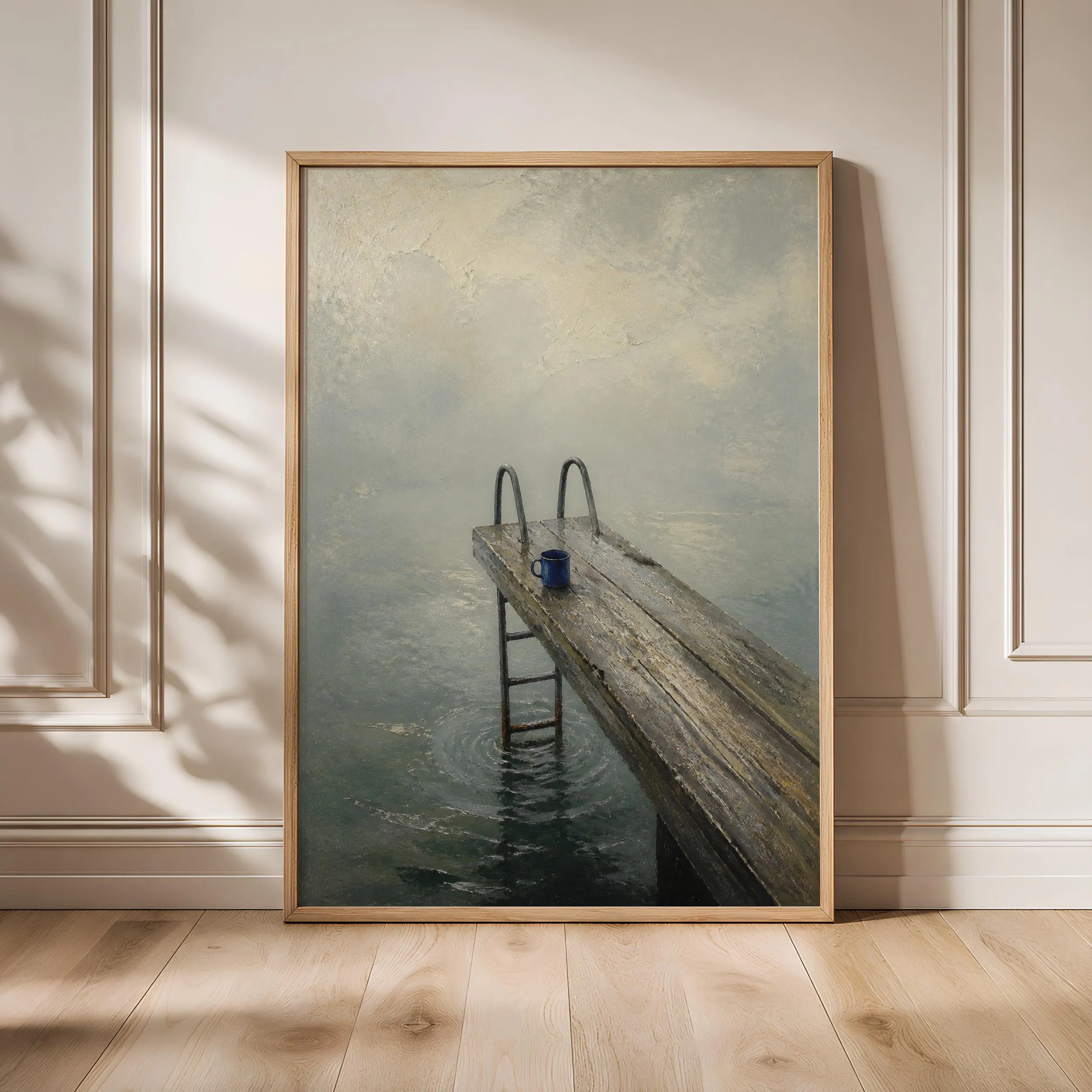 Diving Platform Wall Art, Foggy Lake Jetty Painting, Quiet Blue Misty Water Print – Calm Wall Art by Artsify