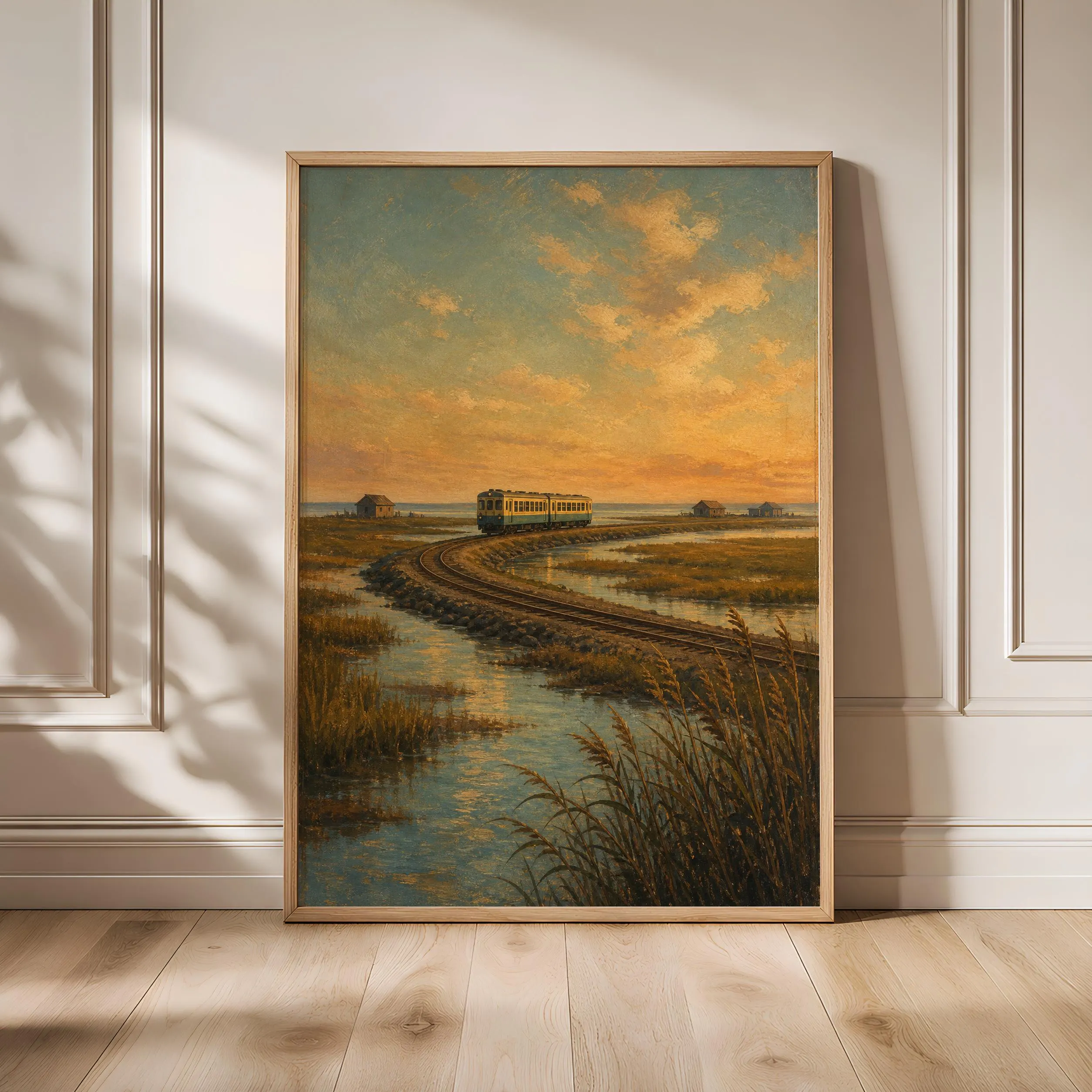 Salt Marsh Train Print, Vintage Railway Wall Art, Sunset Coastal Poster, Moody Landscape Decor, Housewarming Gift – Calm Wall Art by Artsify