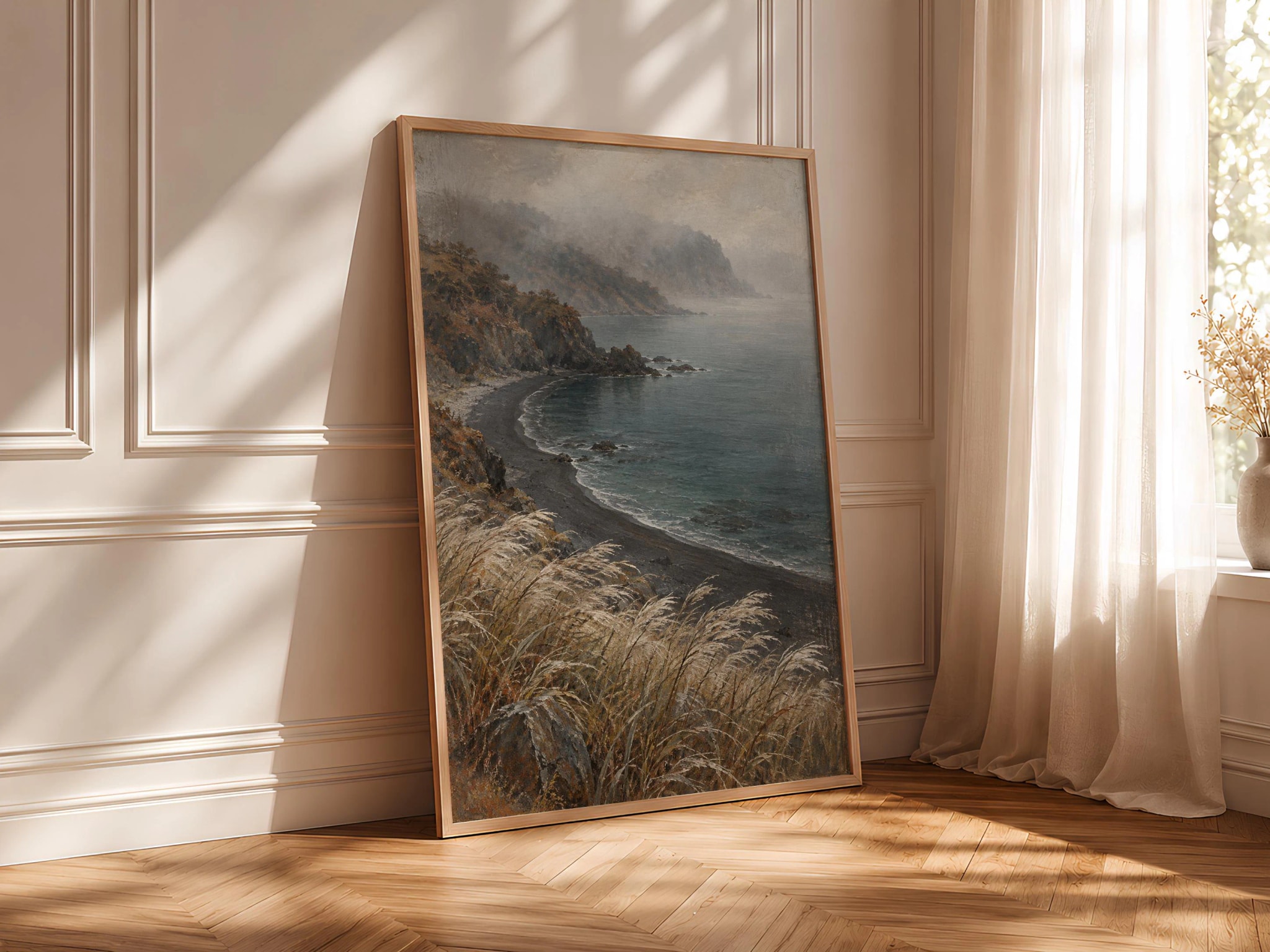 Silver Grass Coastal Wall Art, Misty Volcanic Cove Painting, Neutral Autumn Decor – Calm Wall Art by Artsify thumbnail 4