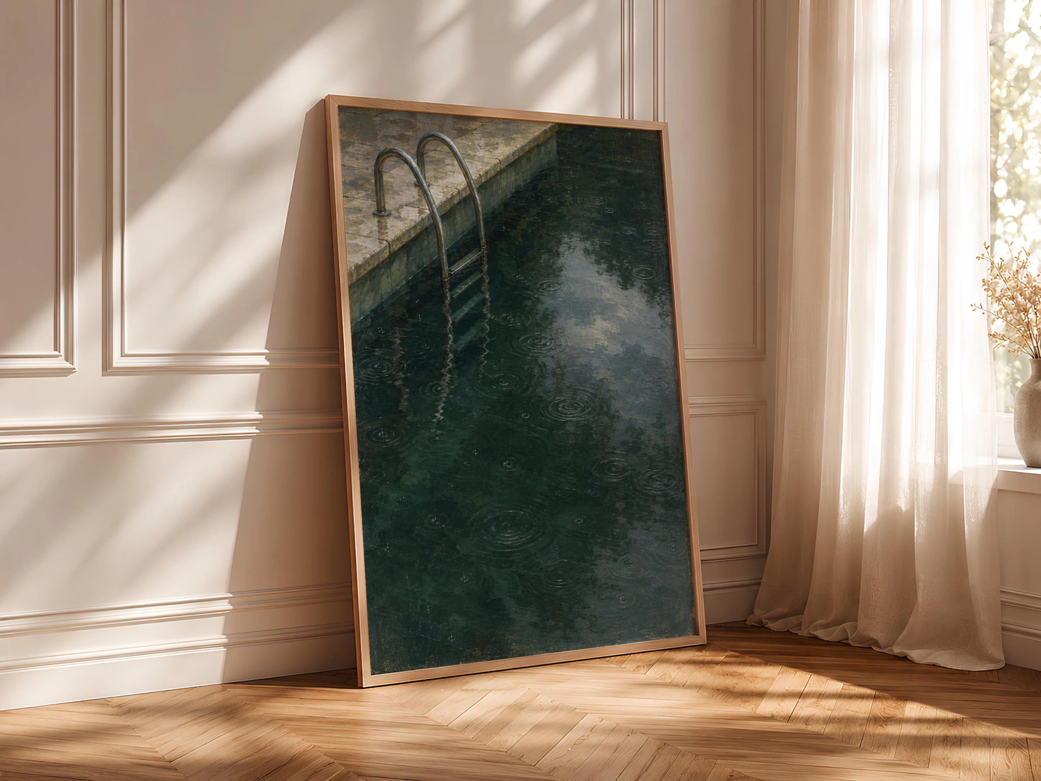 Rainy Pool Ladder Wall Art, Green Water Oil Painting, Moody Bathroom Decor – Calm Wall Art by Artsify thumbnail 4