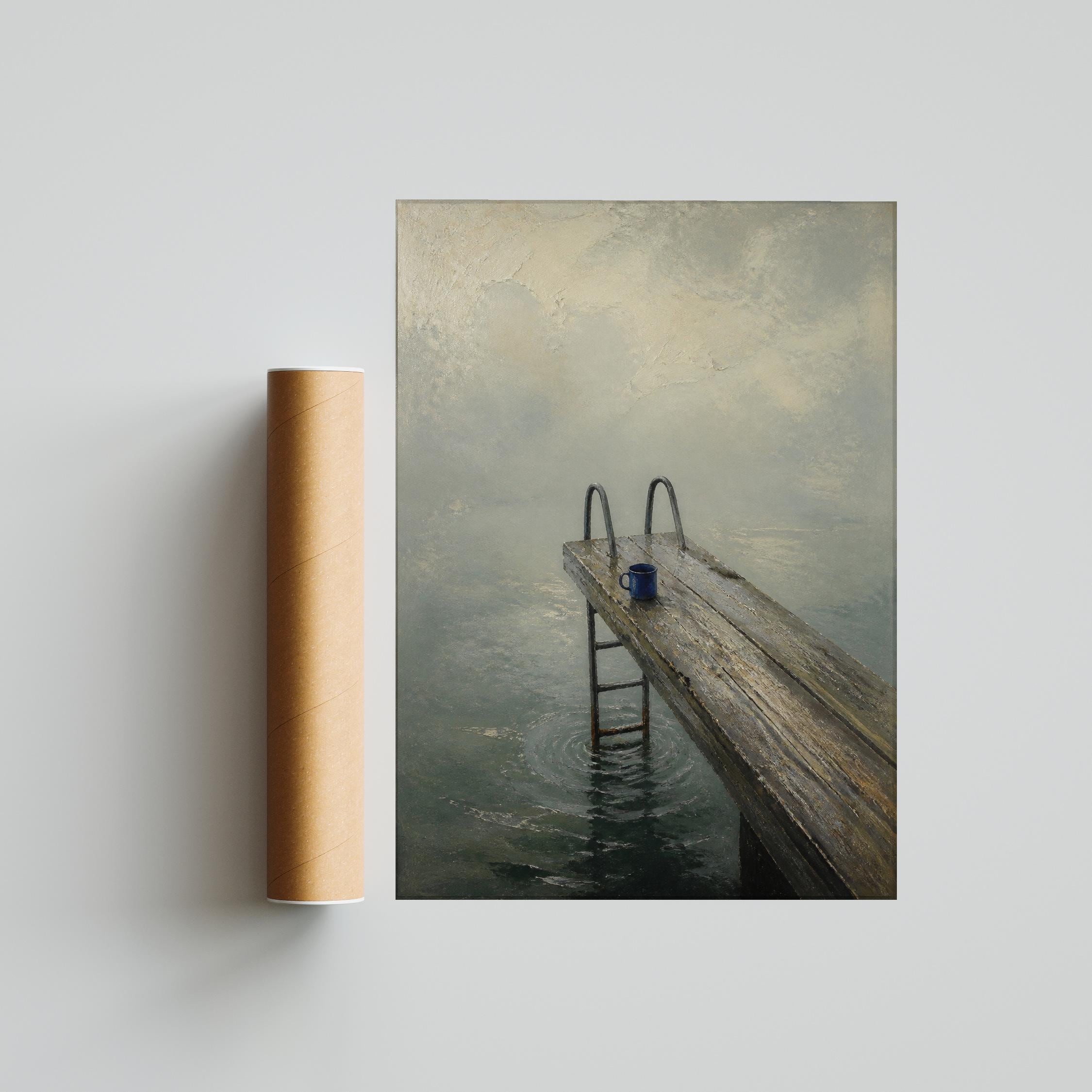 Diving Platform Wall Art, Foggy Lake Jetty Painting, Quiet Blue Misty Water Print – Calm Wall Art by Artsify thumbnail 5