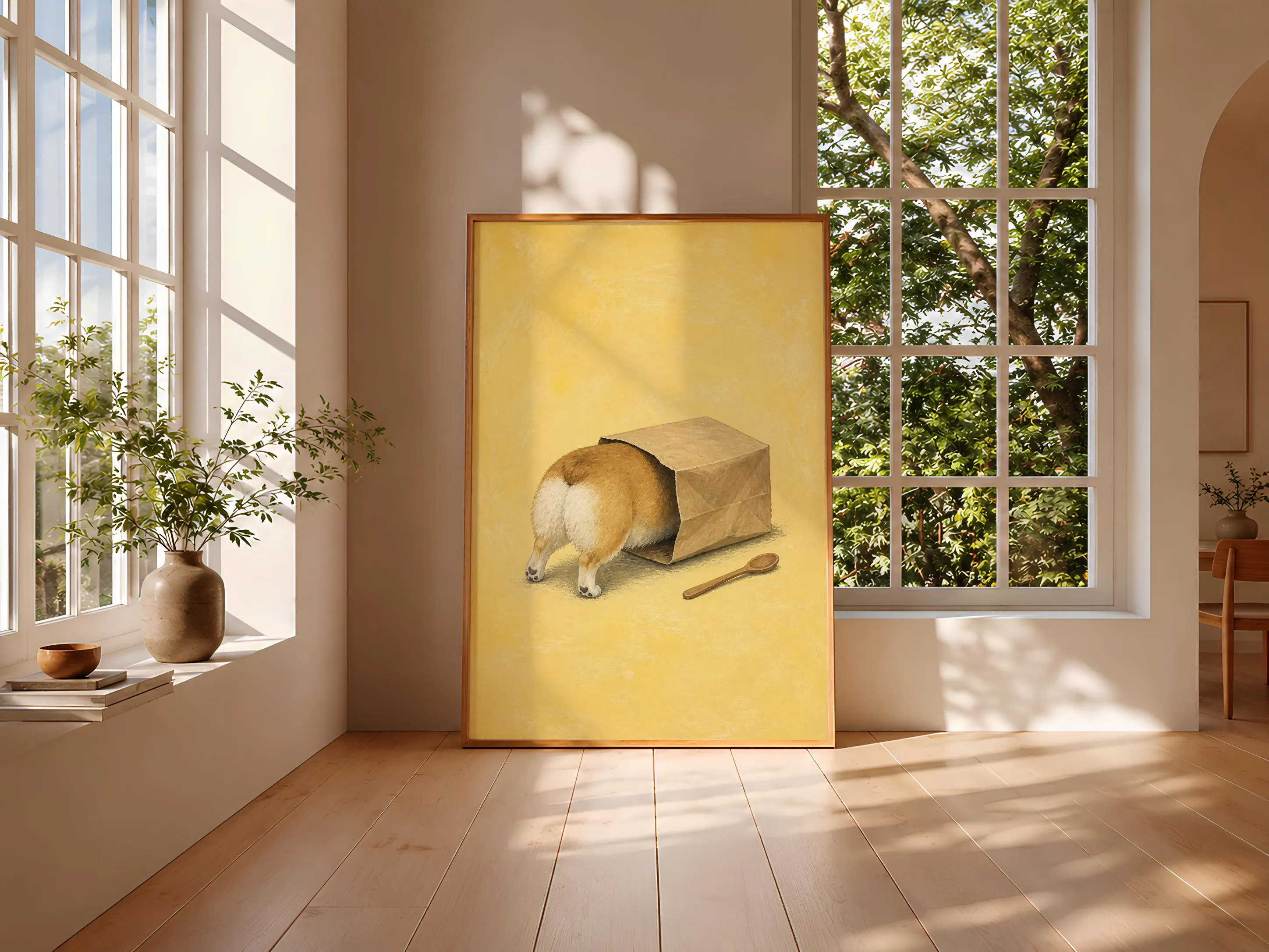 Funny Corgi Kitchen Art, Dog in Grocery Bag, Minimalist Pet Print – Calm Wall Art by Artsify thumbnail 3